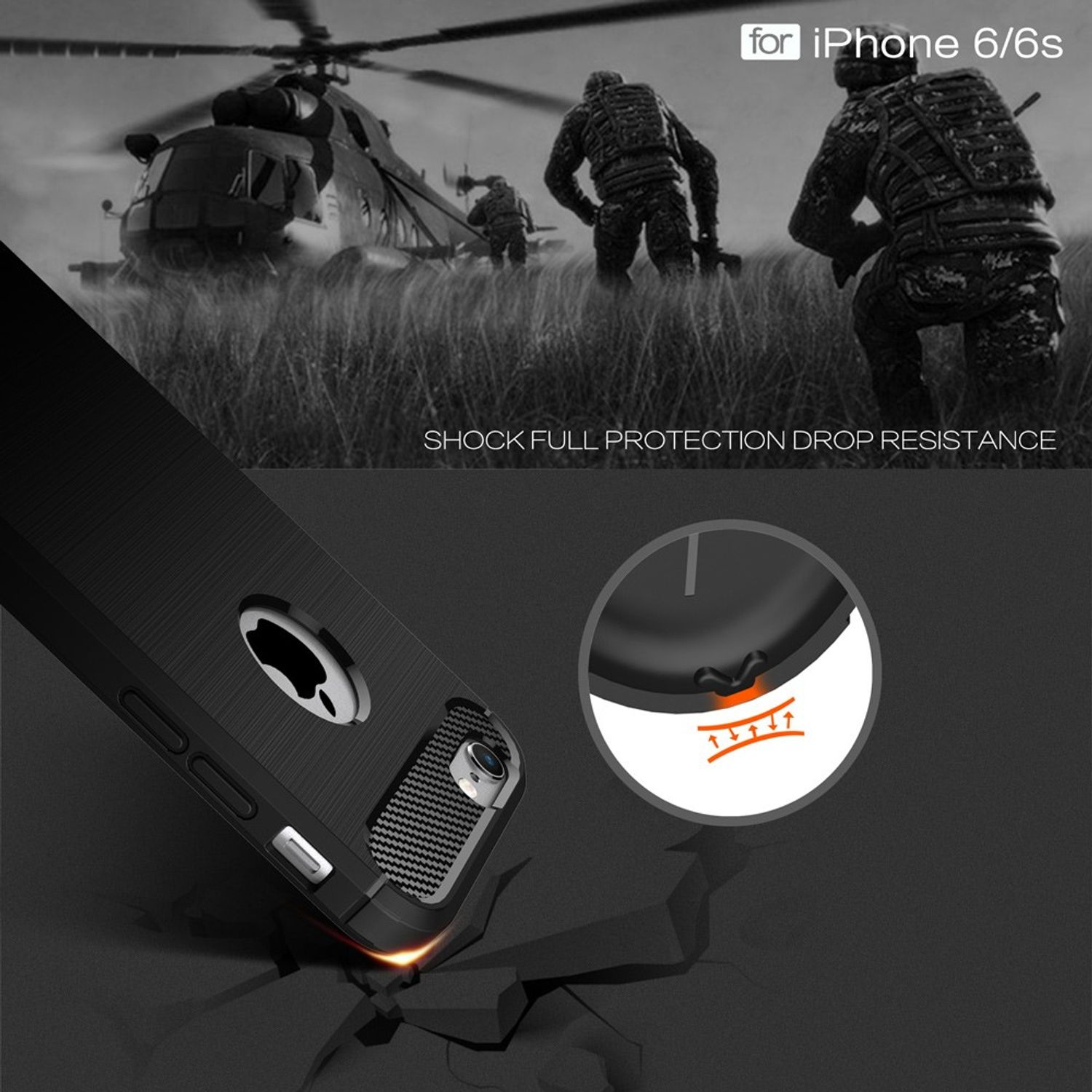 Schwarze Handyhülle mit Soldaten und Hubschrauber im Hintergrund.