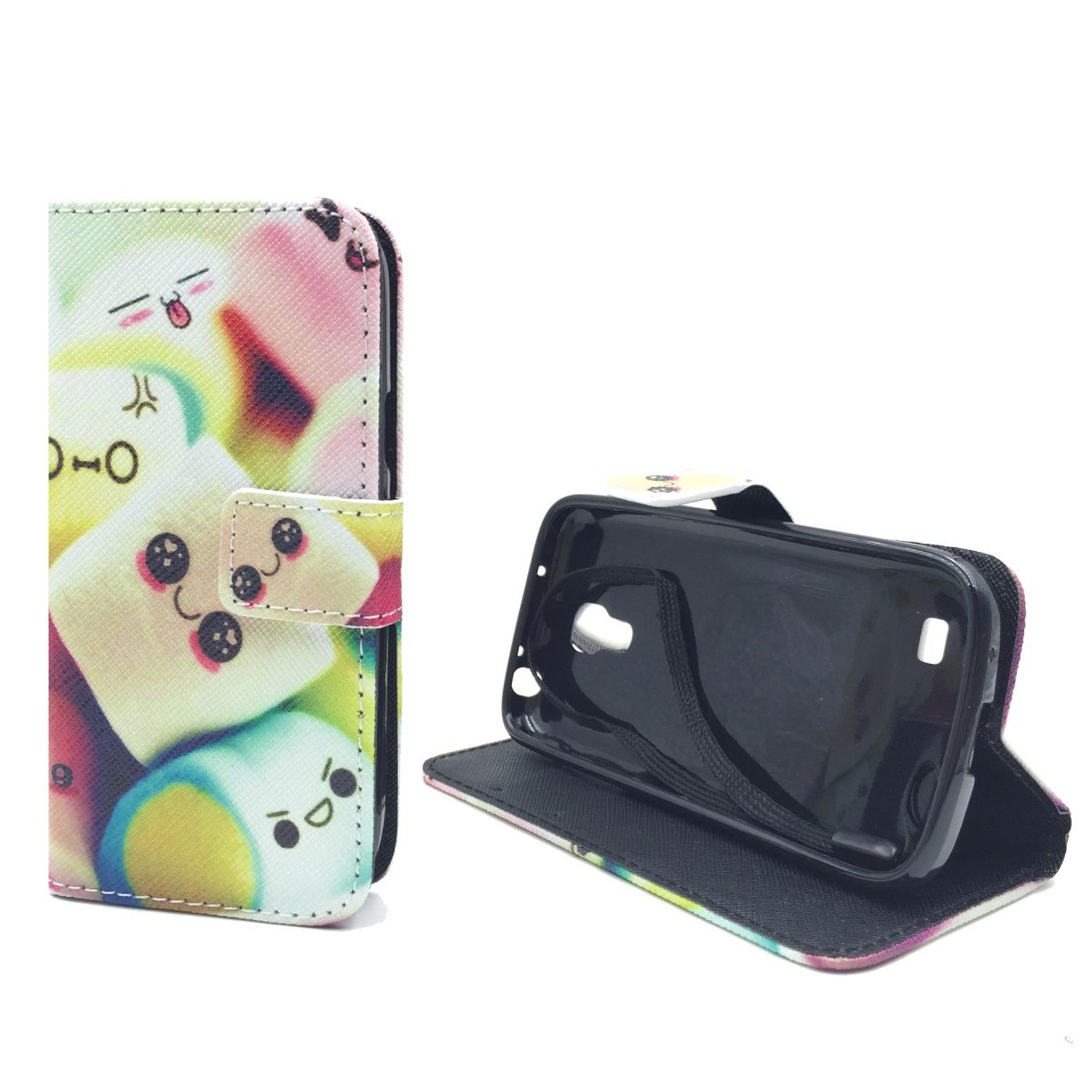 Handyhülle mit Marshmallow-Design. Geöffnete Hülle zeigt einen Telefonhalter.