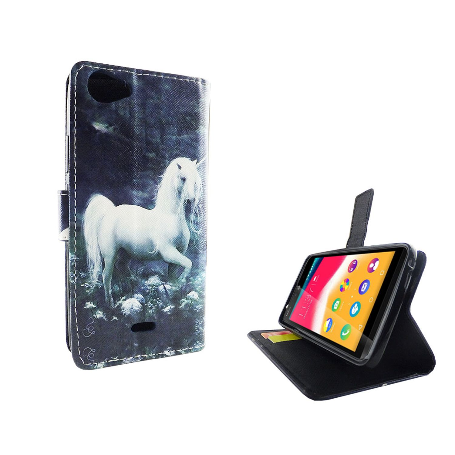 Handyhülle mit Einhorn-Design. Telefon in der Hülle, im Ständermodus.