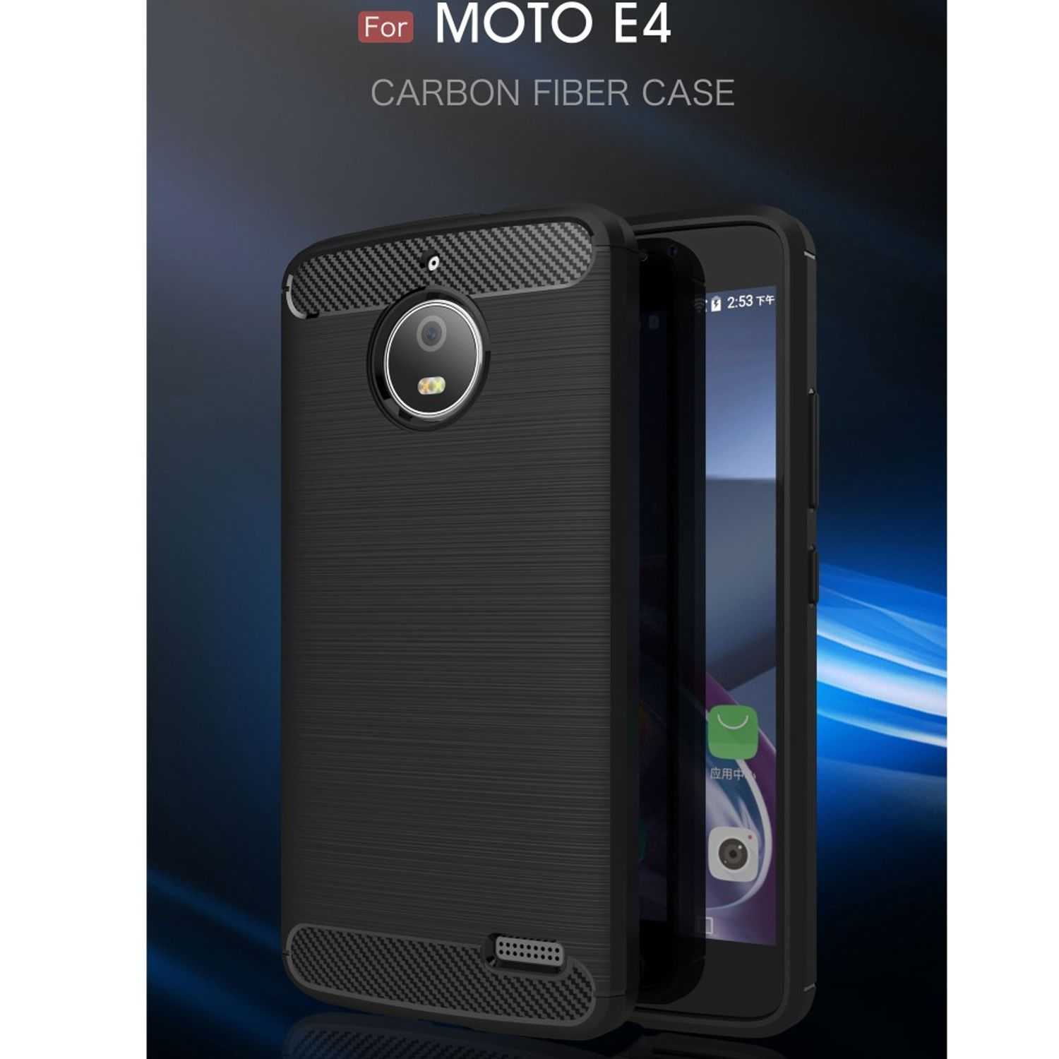 Moto E4 Telefon in einer schwarzen Carbonfaser-Hülle. Die Hülle befindet sich auf dem Telefon vor dunklem Hintergrund.