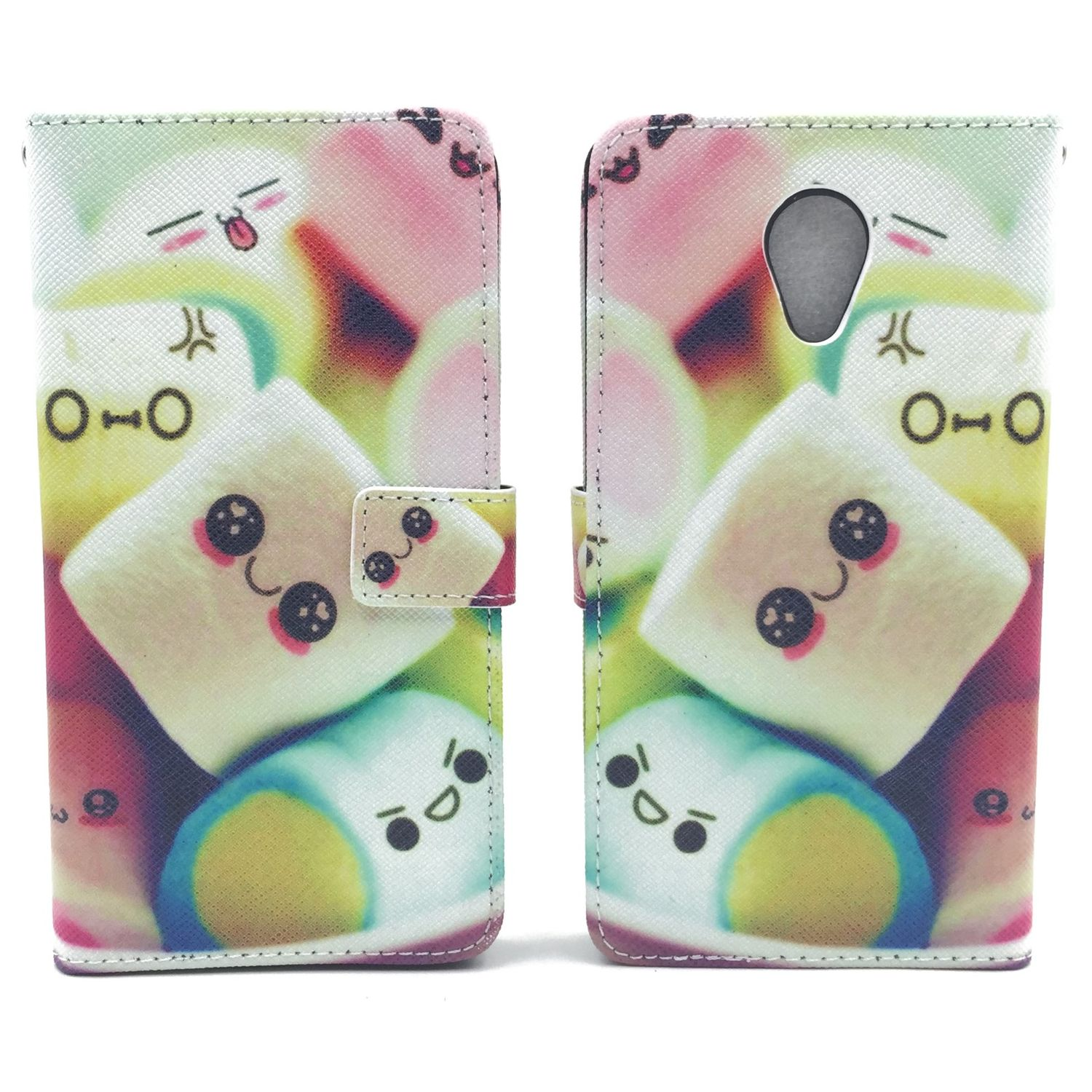 Geöffnete Handyhülle mit Marshmallow-Design. Lächeln Marshmallow-Gesichter und andere Formen. Weißer Hintergrund.