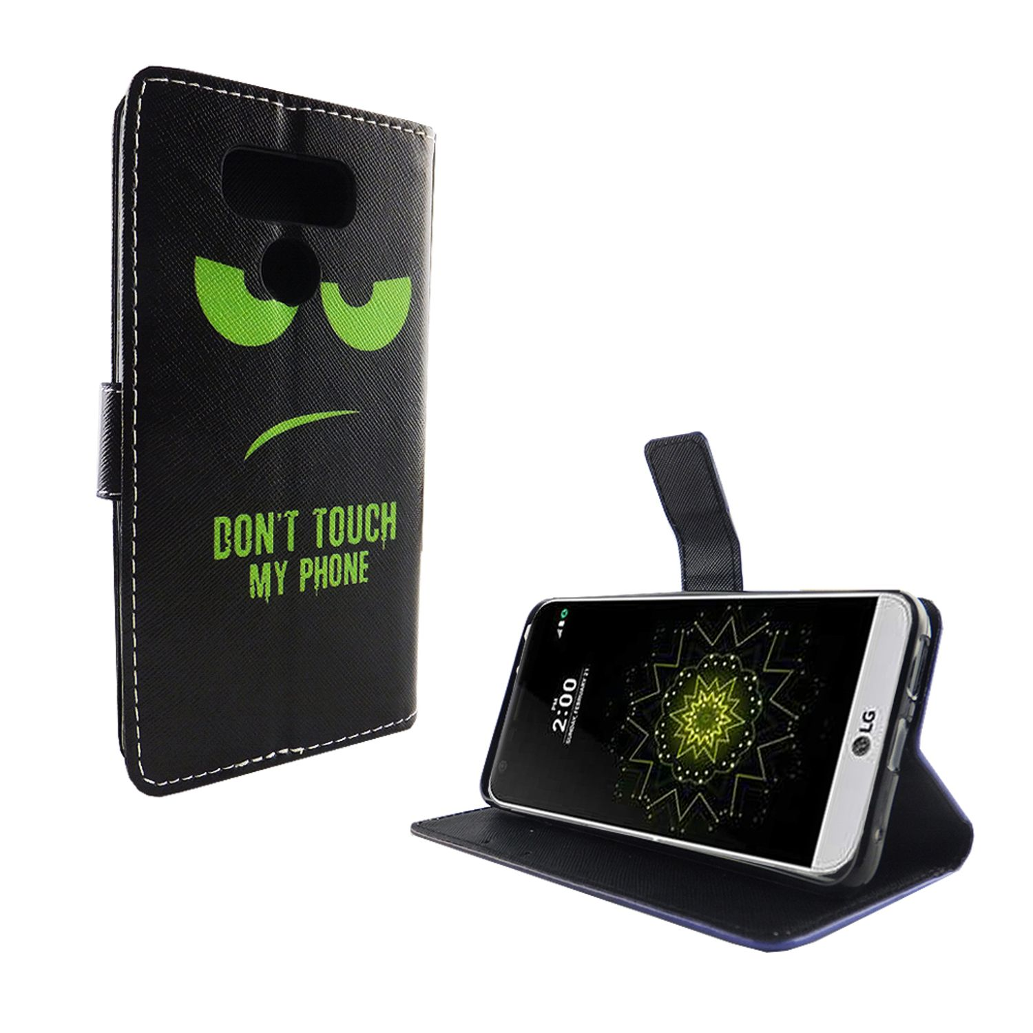 Schwarze Handyhülle mit grünem wütenden Gesicht und Telefon mit Muster.