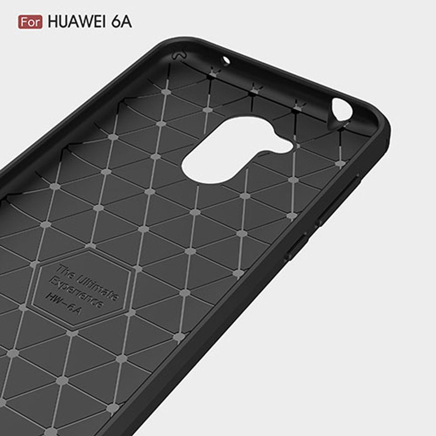 Eine schwarze Handyhülle mit geometrischem Muster und Kameraaussparung, für Huawei 6A.