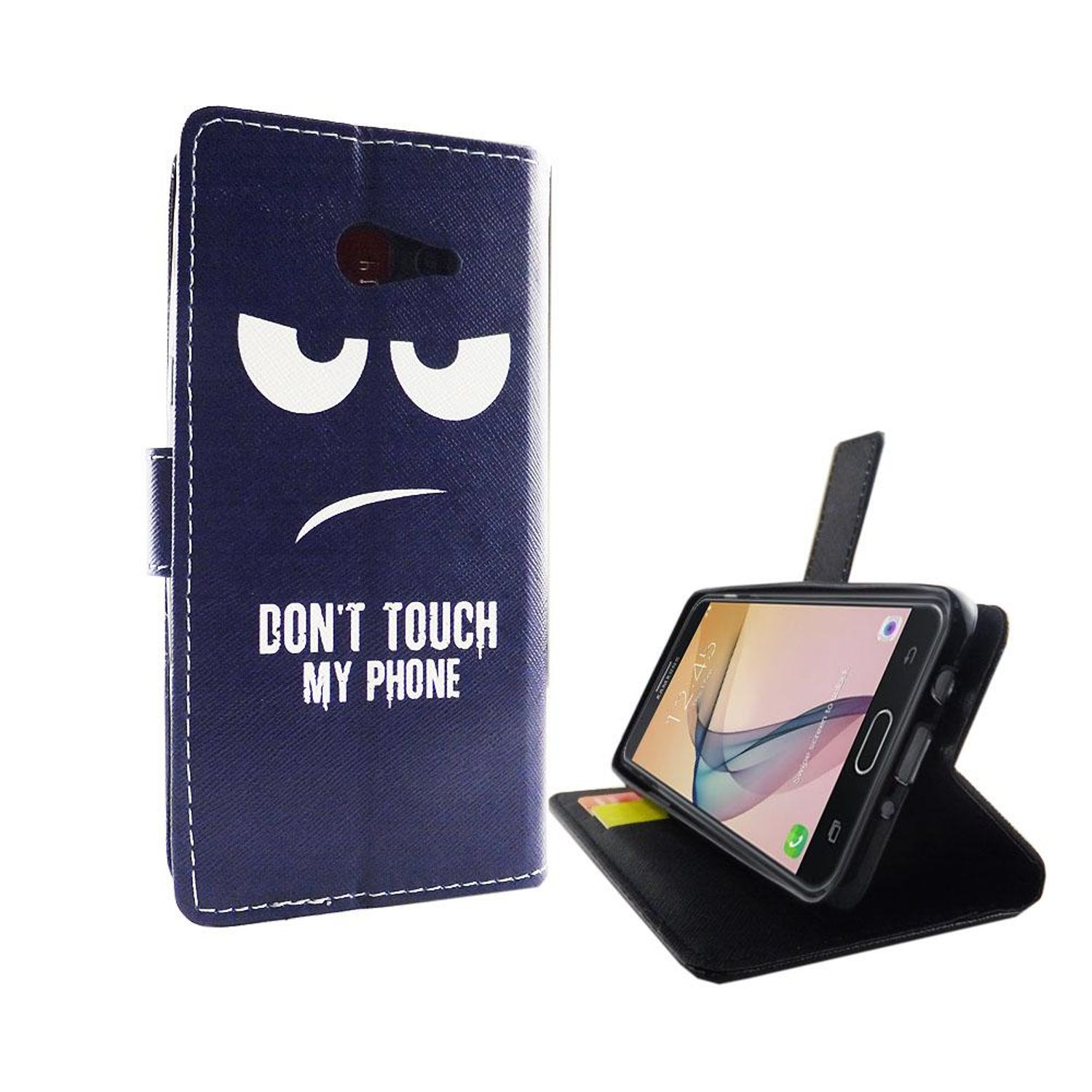 Dunkelblaue Handyhülle mit einem Gesicht, das 'DON'T TOUCH MY PHONE' sagt. Telefon ist offen.