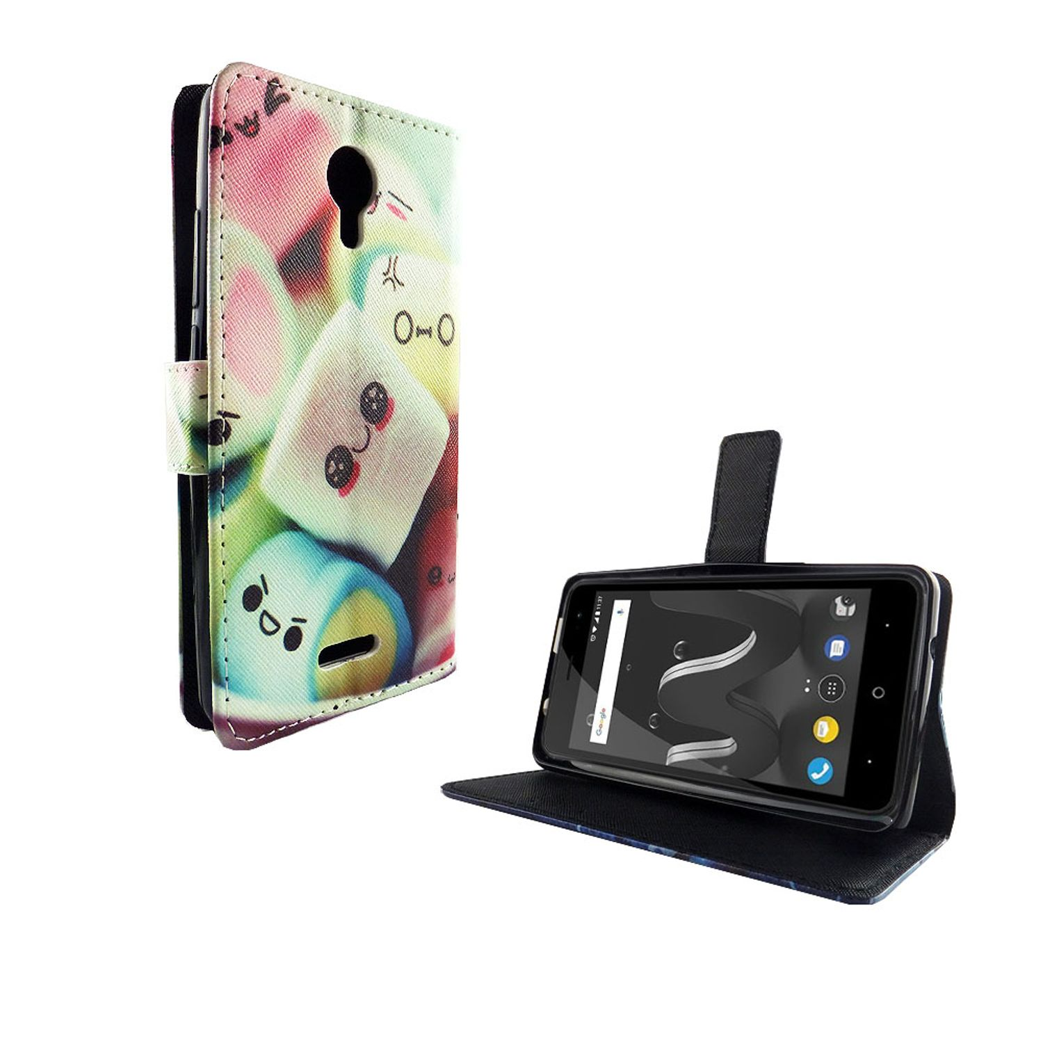 Handyhülle mit Marshmallow-Design. Telefon ist offen. Weißer Hintergrund.