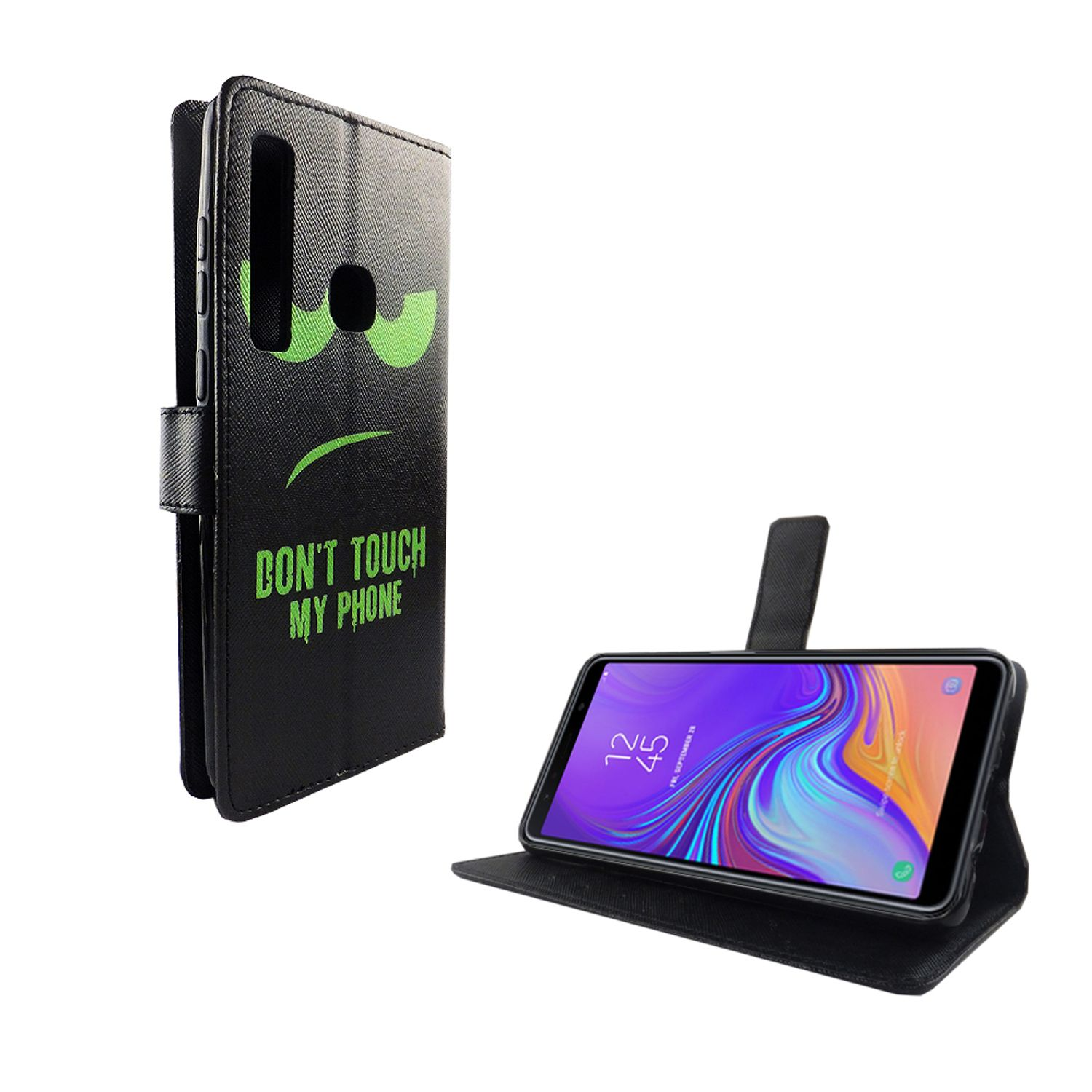 Schwarzes Telefon in einem Case mit grünem Gesicht und dem Text 'DON'T TOUCH MY PHONE'. Geöffnet.