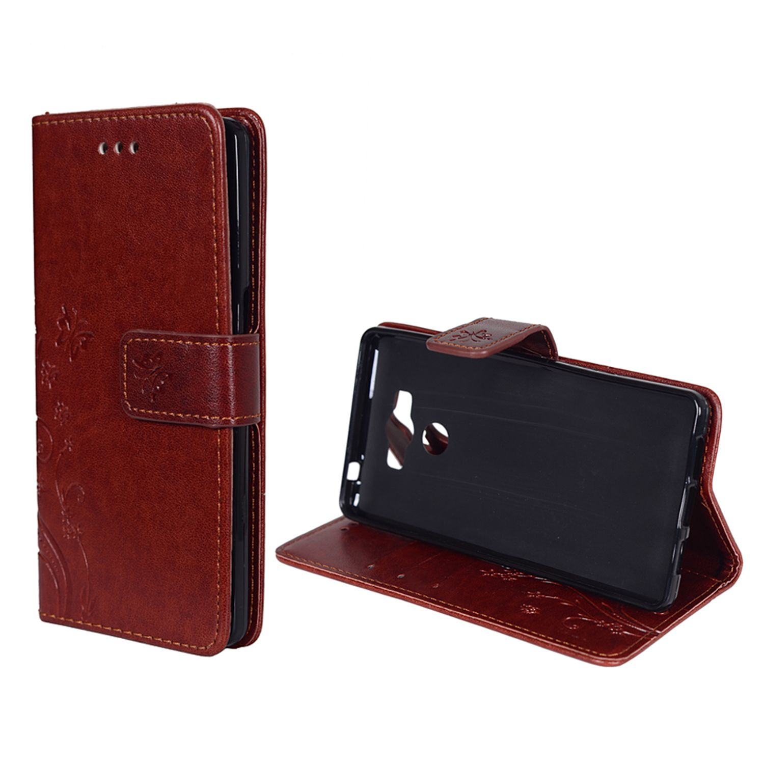 Braune Leder-Handyhülle, Telefon darin, mit floralem Design.