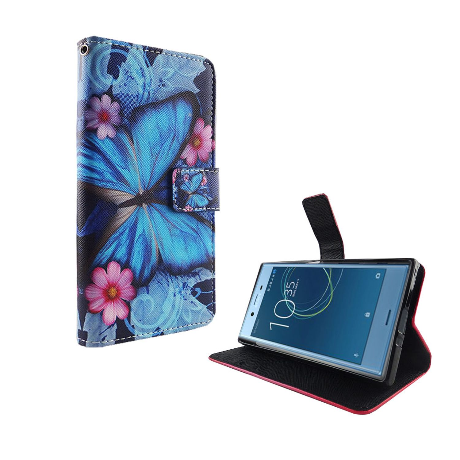 Handyhülle mit blauem Schmetterling und rosa Blumen, Telefon offen.