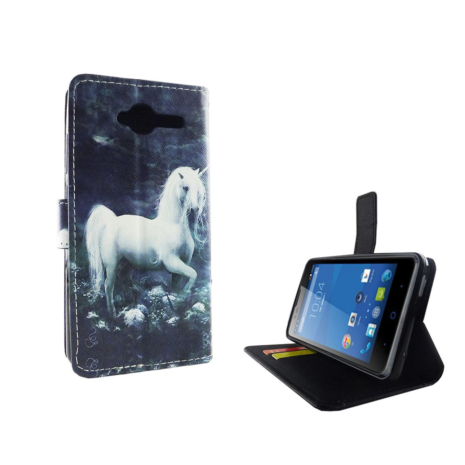 Eine Handyhülle mit Einhorn-Design. Das Telefon ist geöffnet. Das Telefon hat einen Bildschirm mit Oberfläche.