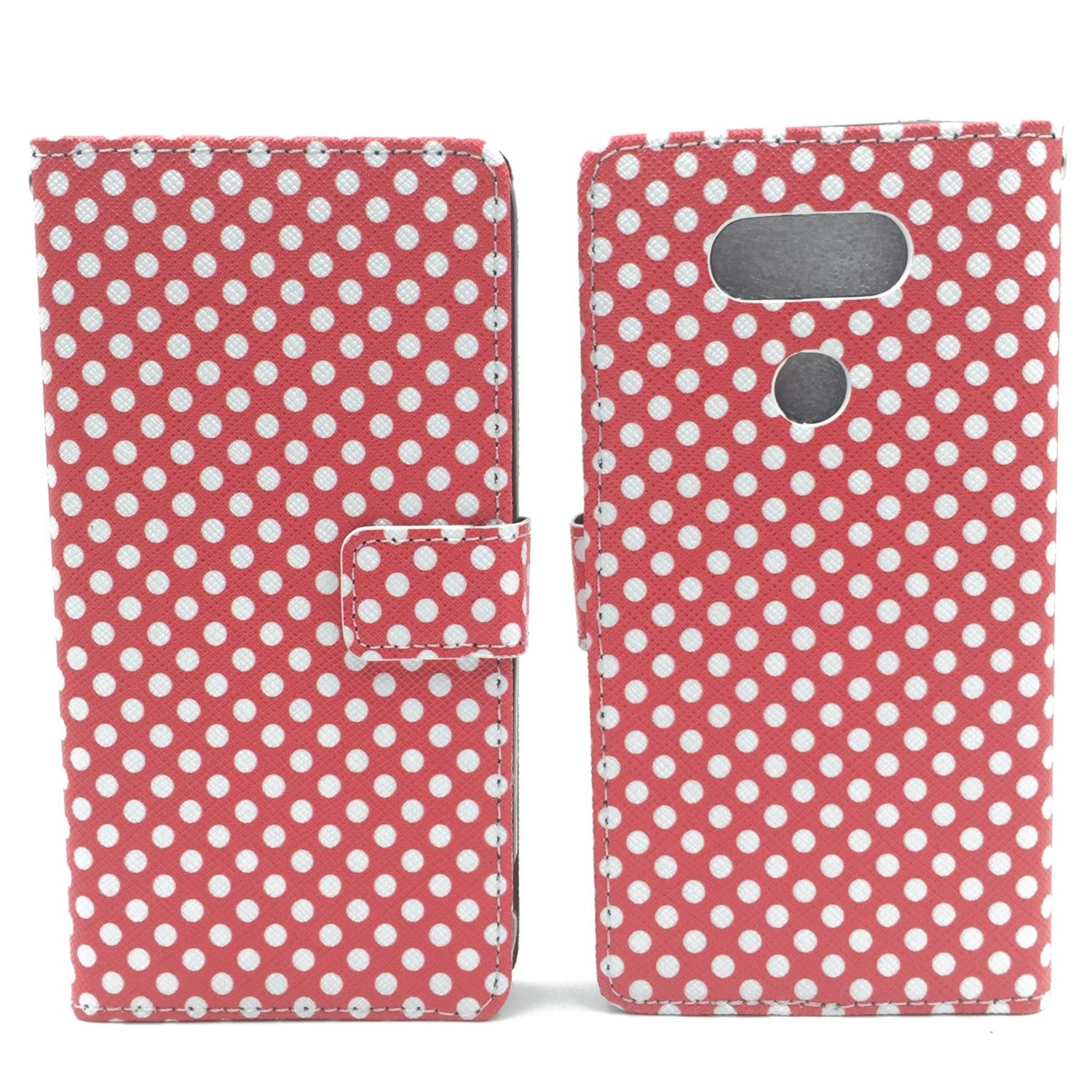 Rotes Etui mit weißen Tupfen, offen. Weißes Innere und ein schwarzer Riemen.