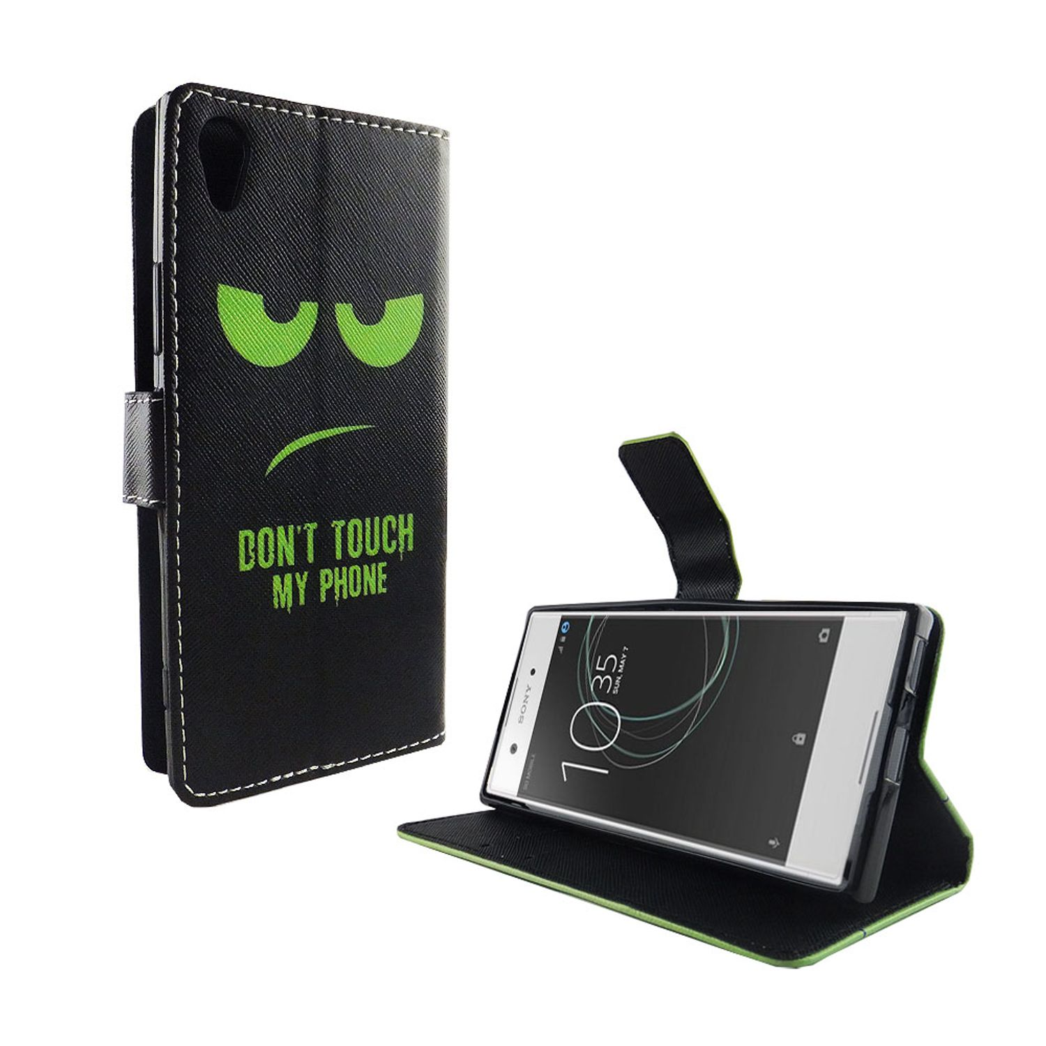Schwarze Handyhülle mit grünem, wütendem Gesicht und Text: Don't Touch My Phone. Geöffnete und geschlossene Ansicht.