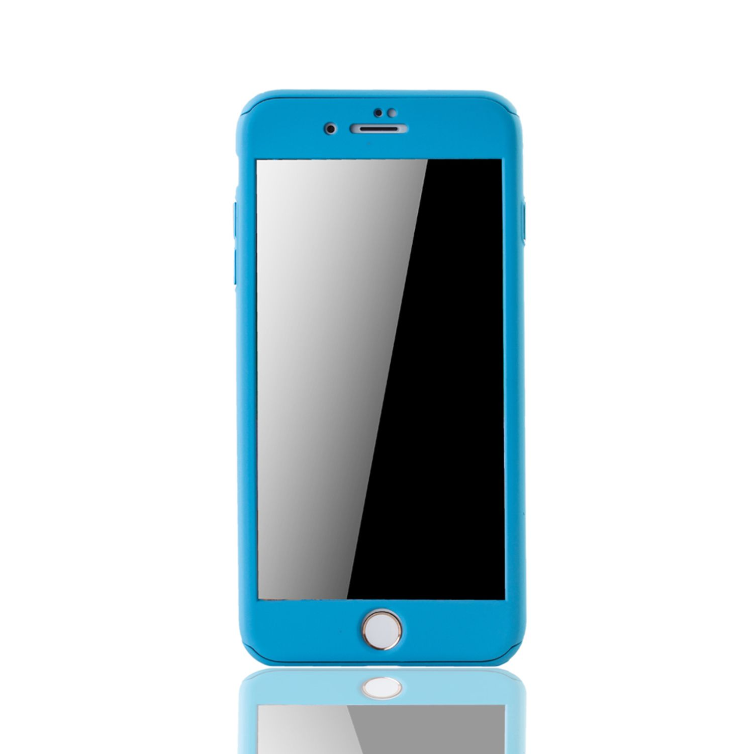 Blaues Telefon, Vorderansicht, auf weißer Oberfläche. Spiegelung sichtbar.