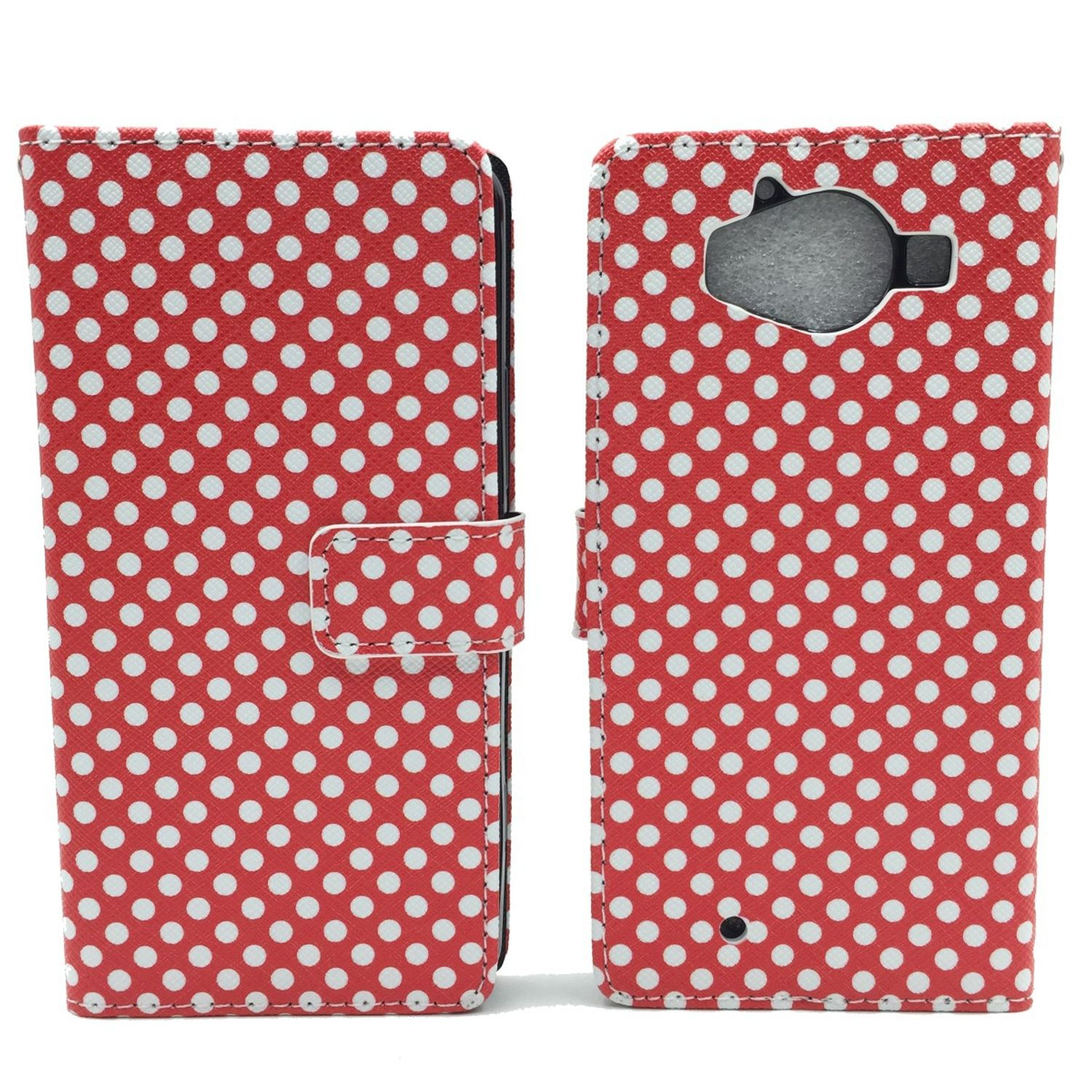 Rote und weiße Polka-Dot-Handyhülle. Weißer Hintergrund.