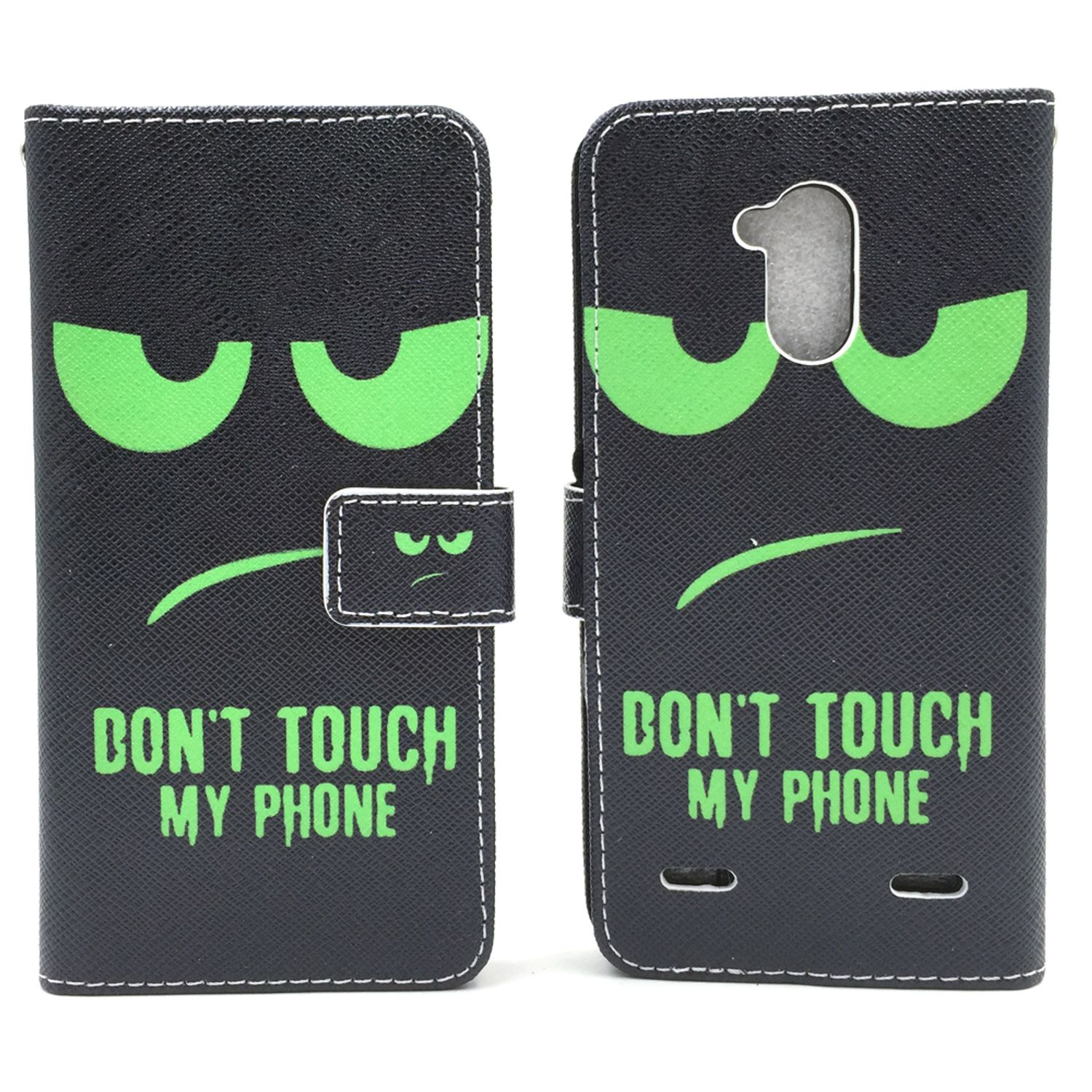 Schwarze Handyhülle mit grünen Cartoon-Augen und dem Text 'DON'T TOUCH MY PHONE' in Grün.