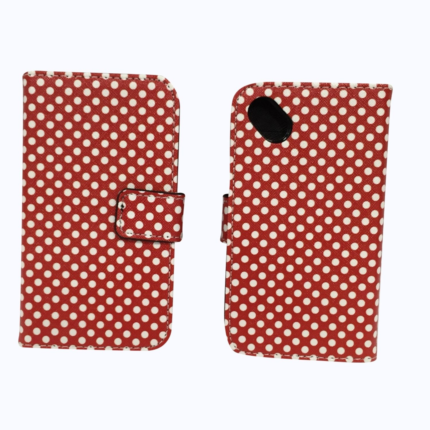 Rote und weiße Polka-Dot-Handyhülle offen und geschlossen auf weißem Hintergrund.