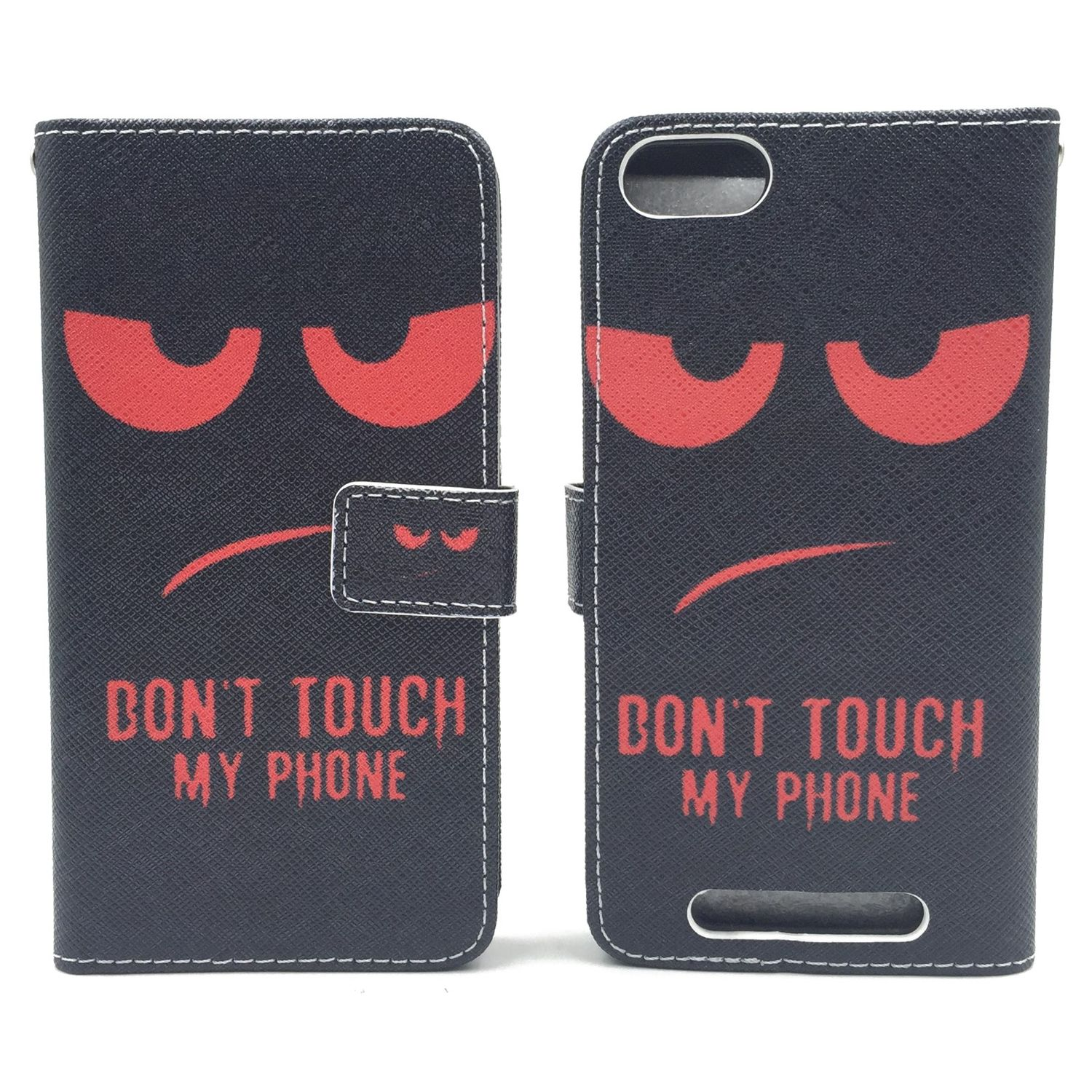 Schwarze Handyhülle mit rotem wütenden Gesicht und den Worten 'DON'T TOUCH MY PHONE'. Geöffnet und geschlossen.