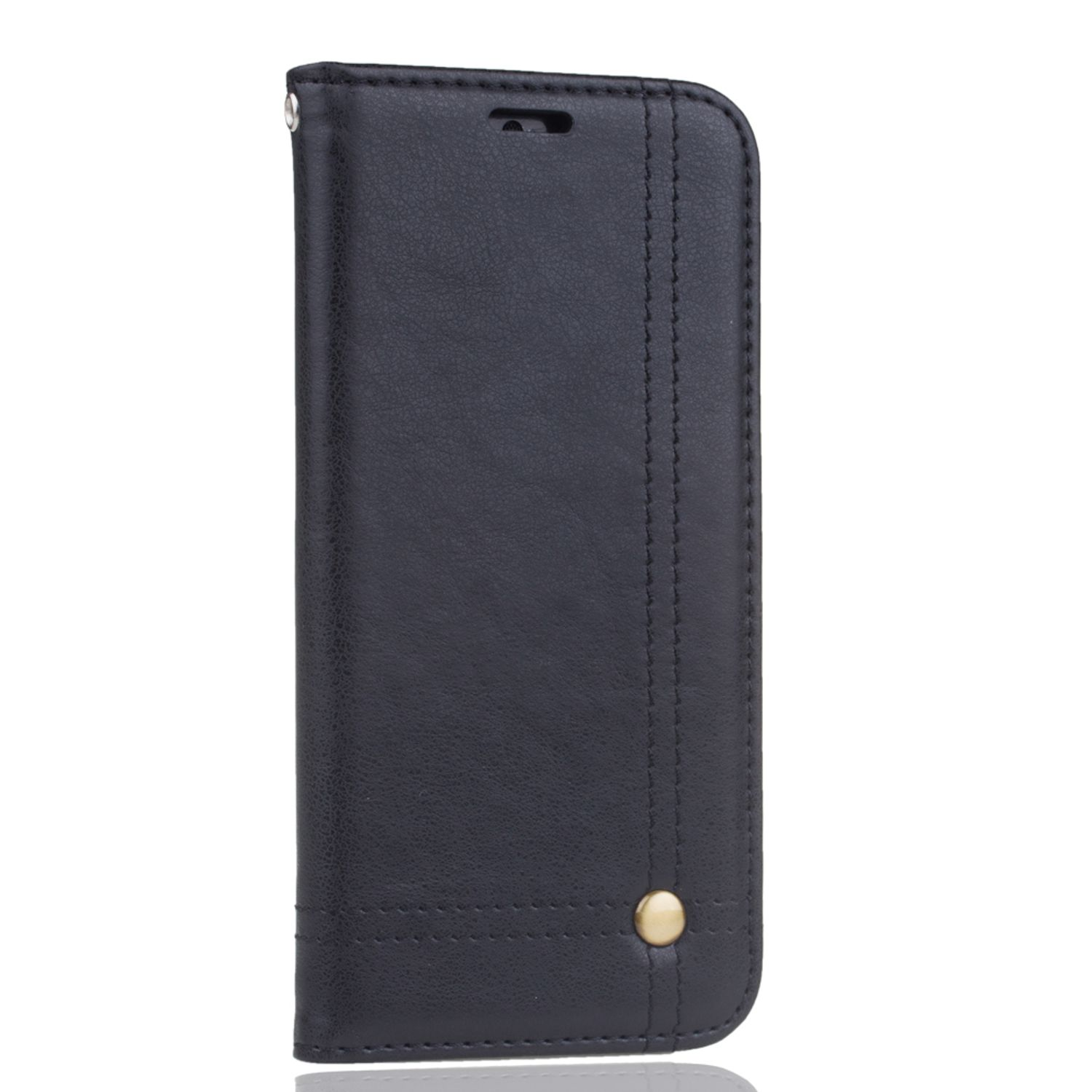 Schwarze Leder-Handyhülle, geschlossen, mit goldenem Knopf und Nahtdetails.