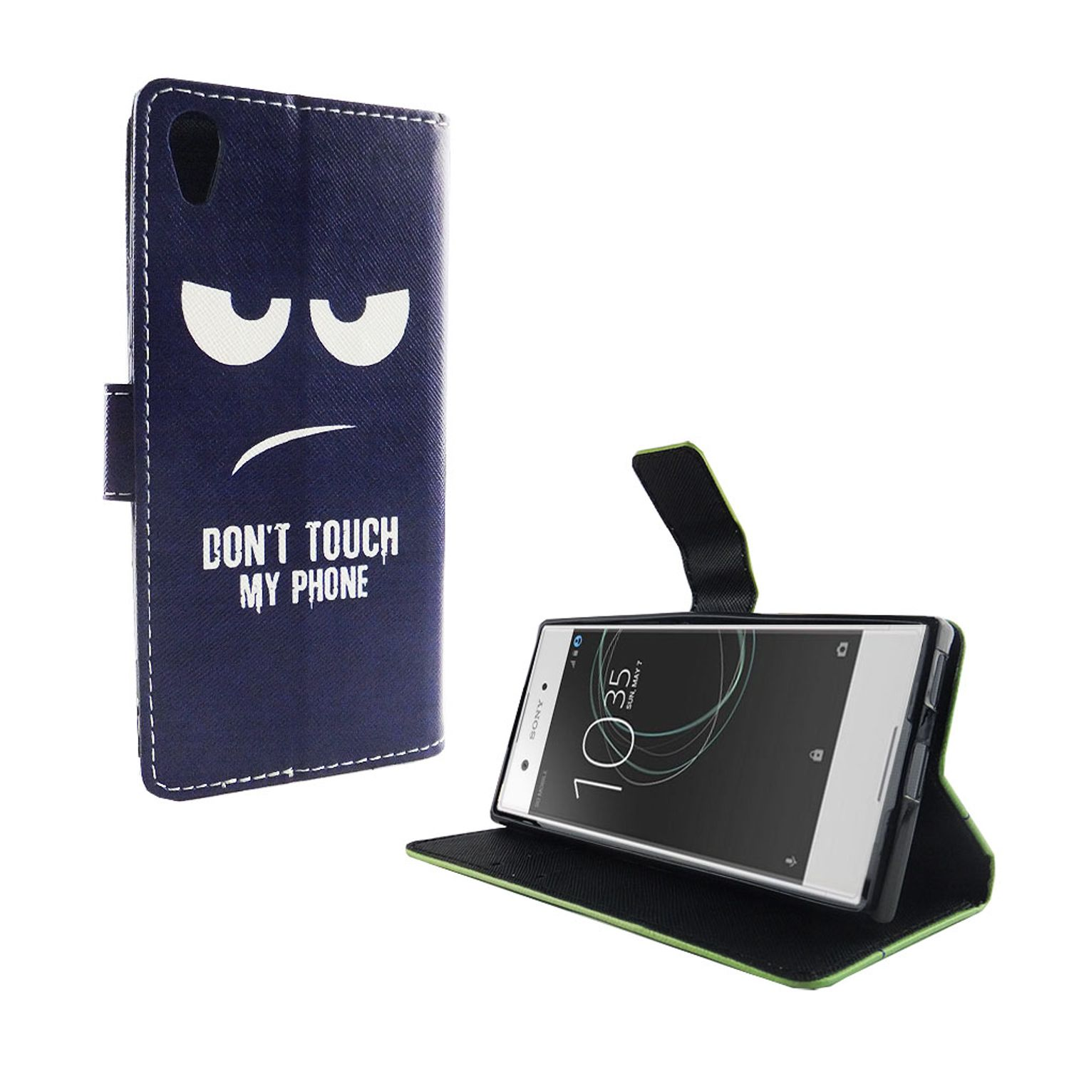 Marineblaue Handyhülle mit traurigem Gesicht und dem Text: "DON'T TOUCH MY PHONE." Telefon innen.