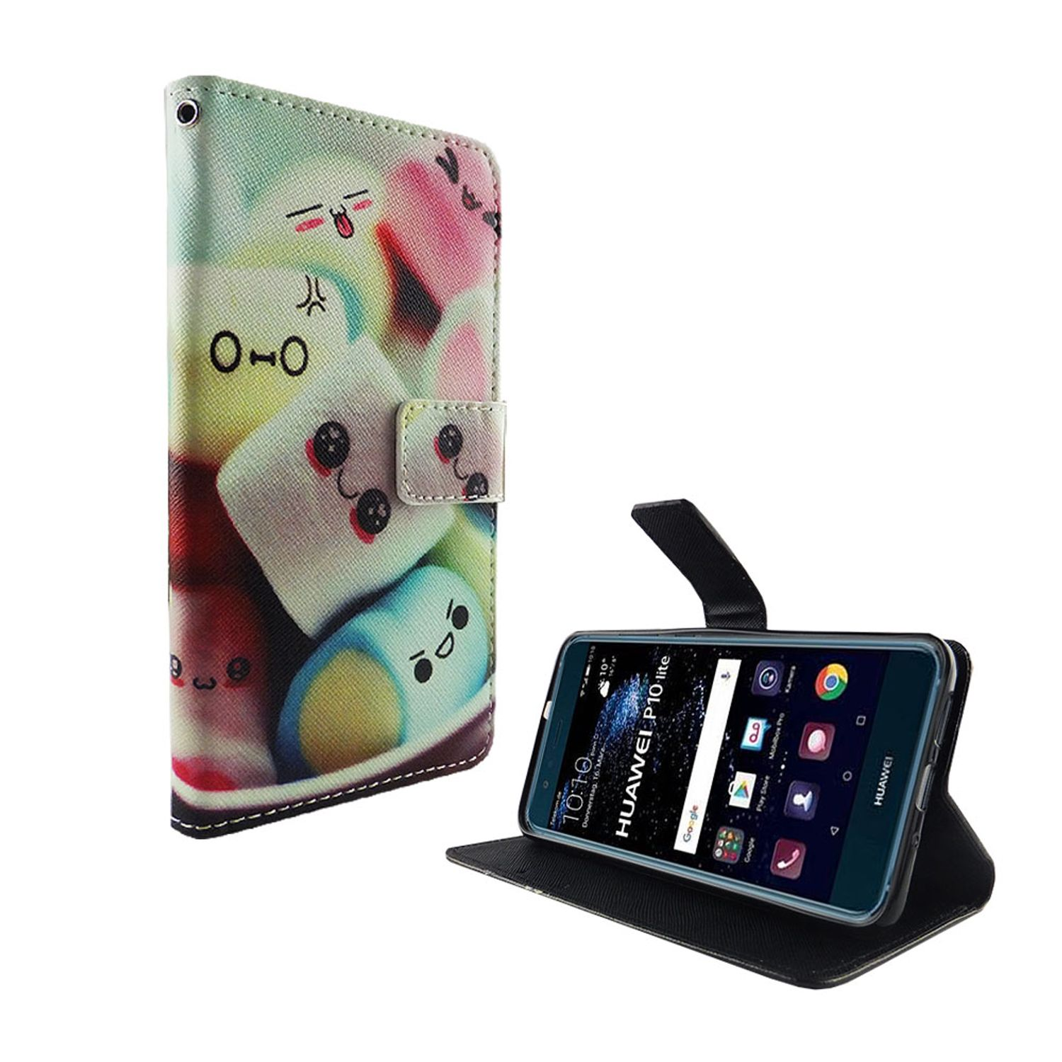 Ein Telefon mit Hülle. Die Hülle hat Marshmallows darauf. Das Telefon ist offen.