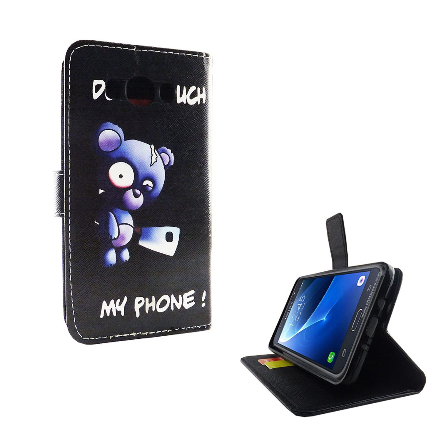 Schwarze Handyhülle mit einem Cartoon-Bären mit Messer. Das Case ist offen, mit Telefon.