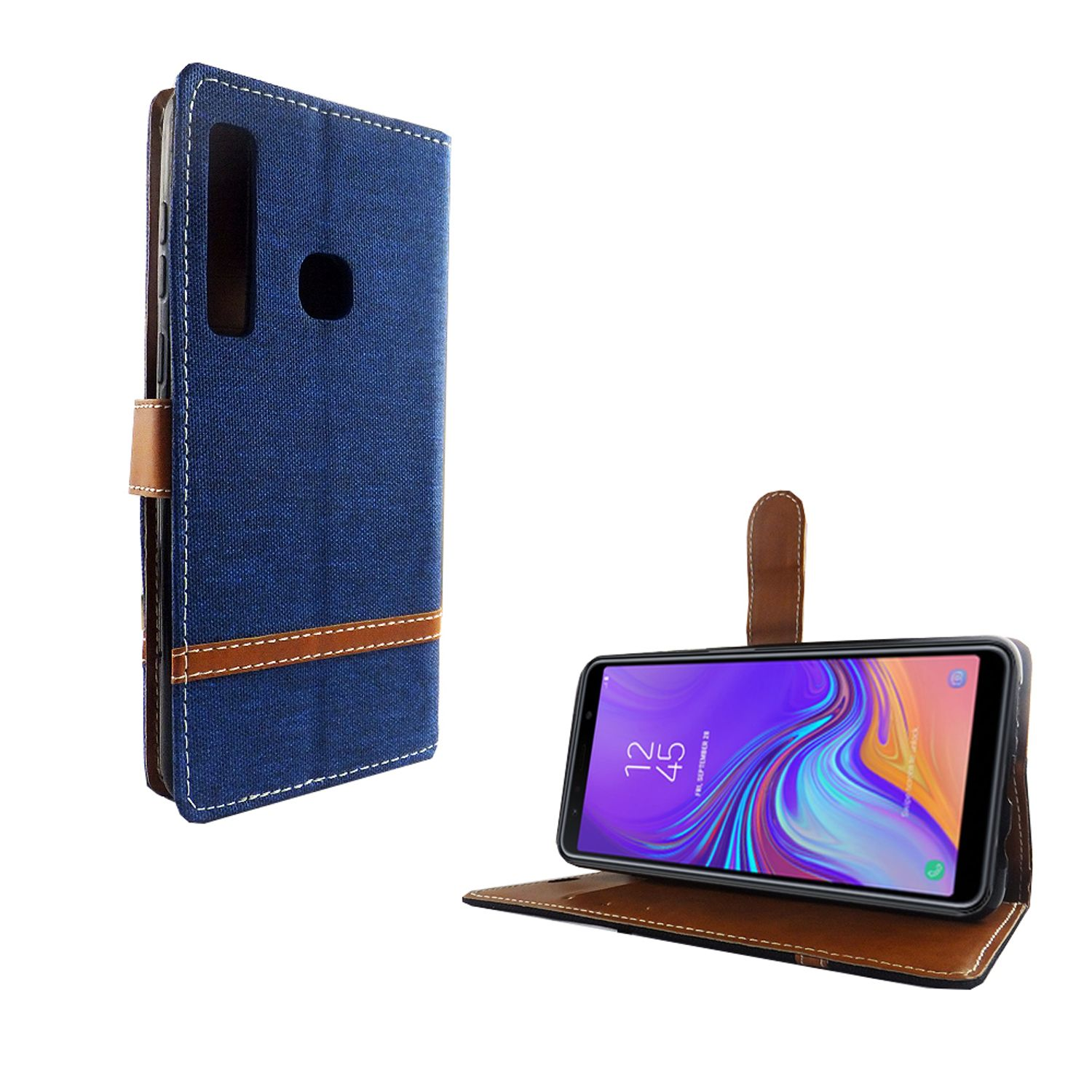 Offene Handyhülle mit blauem Denim-ähnlichem Bezug und Telefon darin.