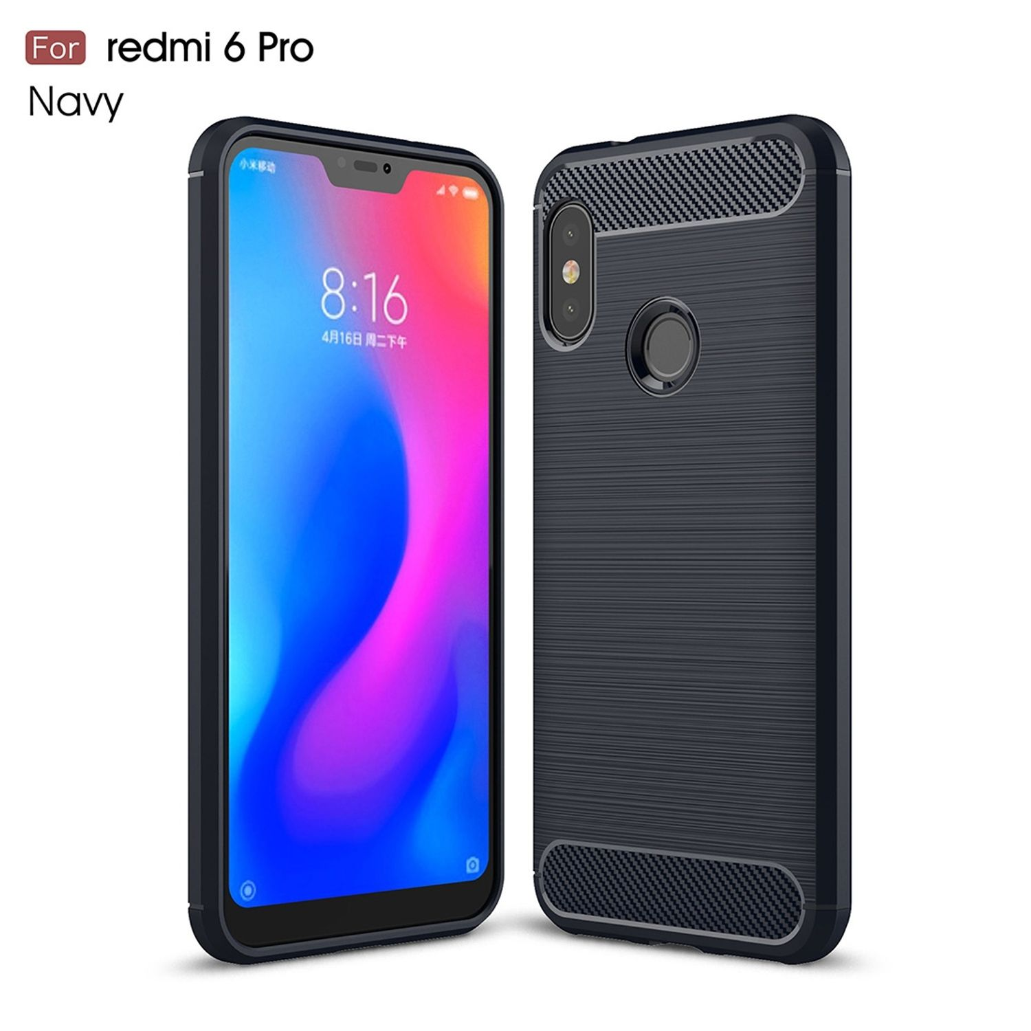 Marineblaue Handyhülle für Redmi 6 Pro, mit zwei Ansichten: vorne und hinten.