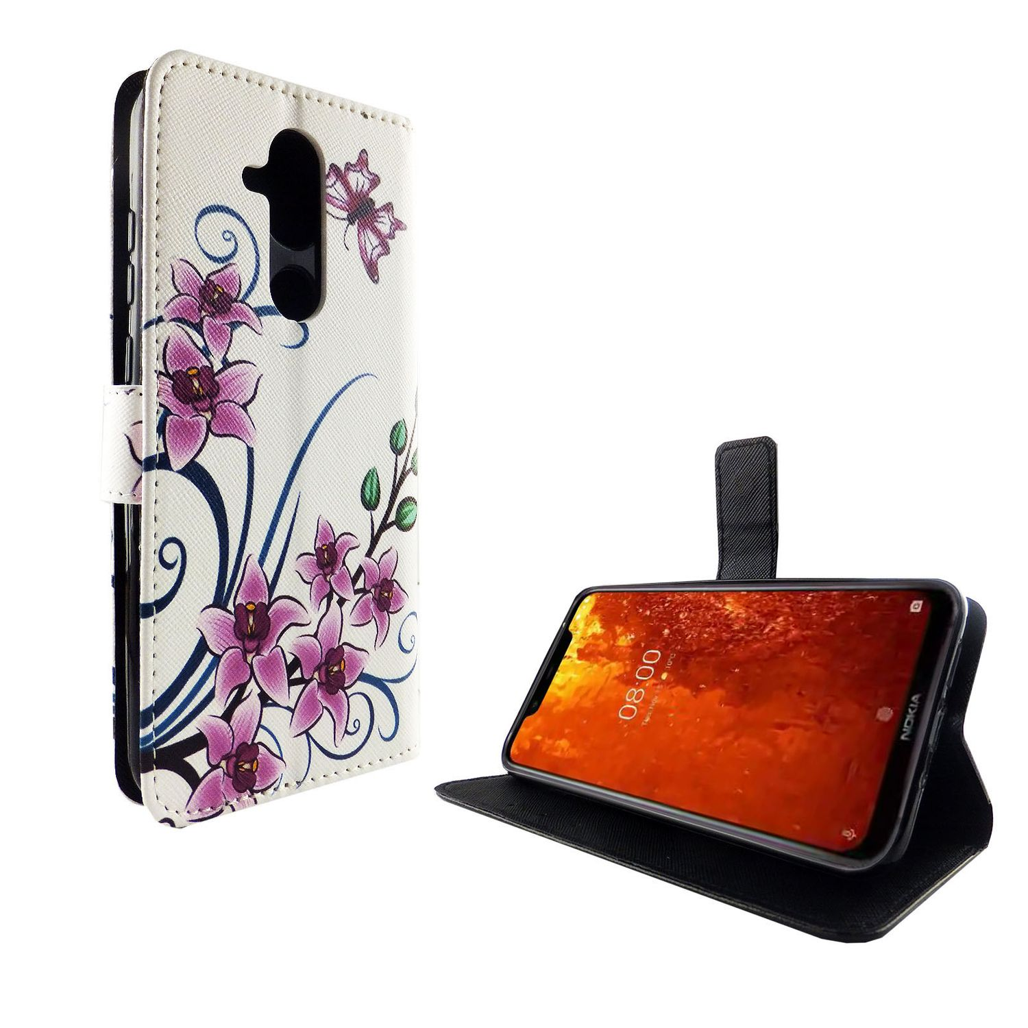 Eine weiße Handyhülle mit lila Blumen. Das Telefon ist offen und zeigt einen Bildschirm mit Uhrzeit.