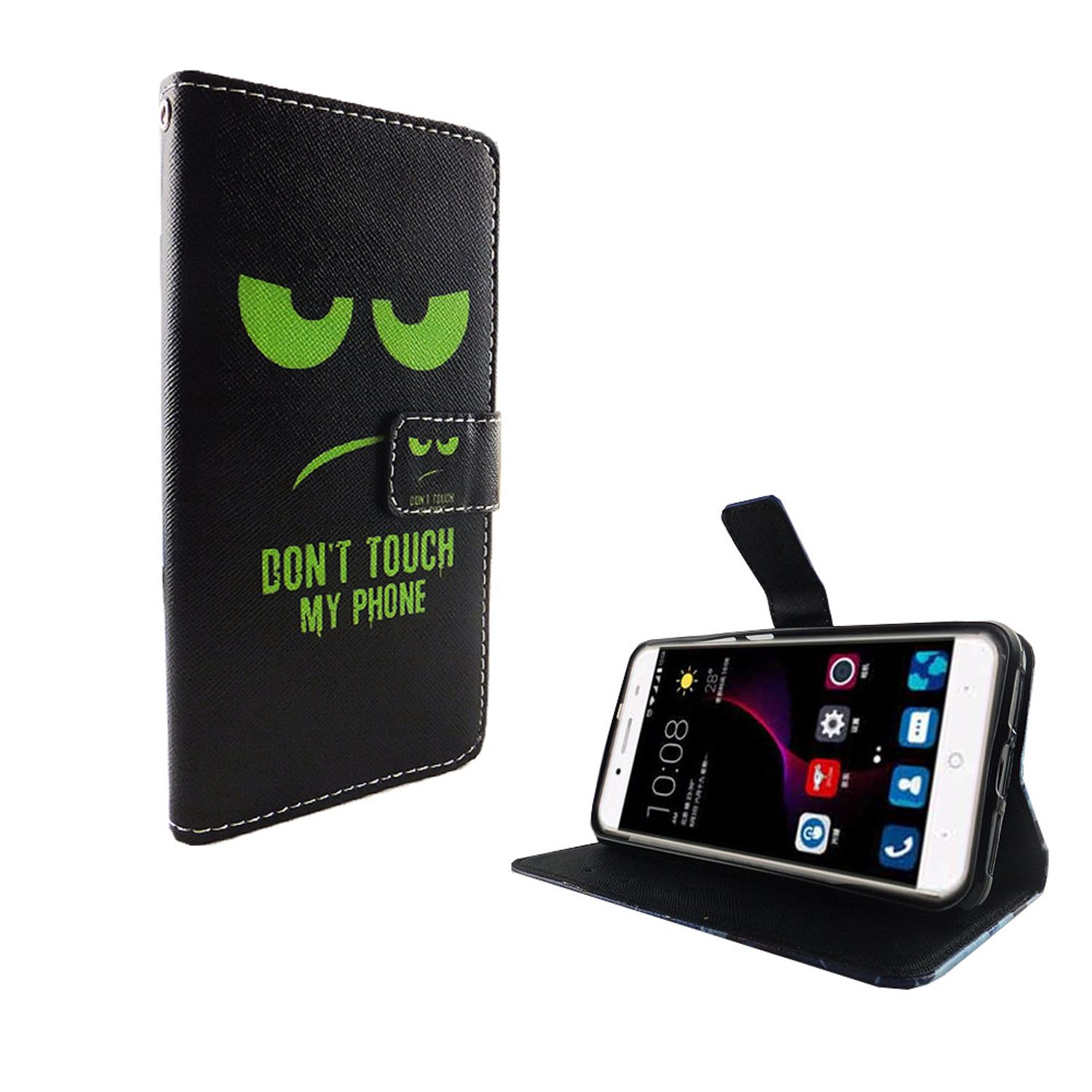 Schwarze Handyhülle mit grünen Augen und dem Text 'DON'T TOUCH MY PHONE'.