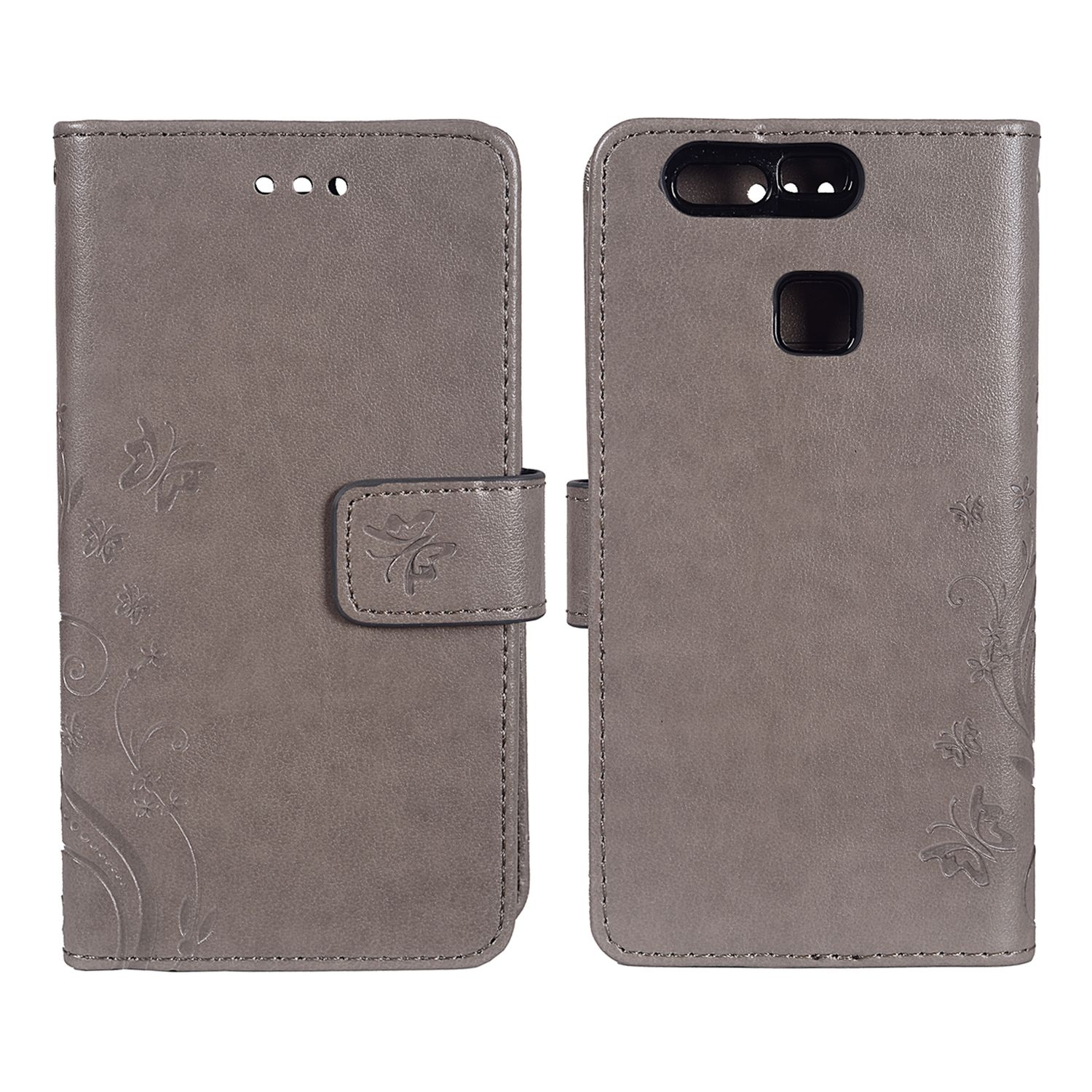 Graue Handyhülle mit Blumendesign und offen, das Telefon zeigend. Der Hintergrund ist weiß.