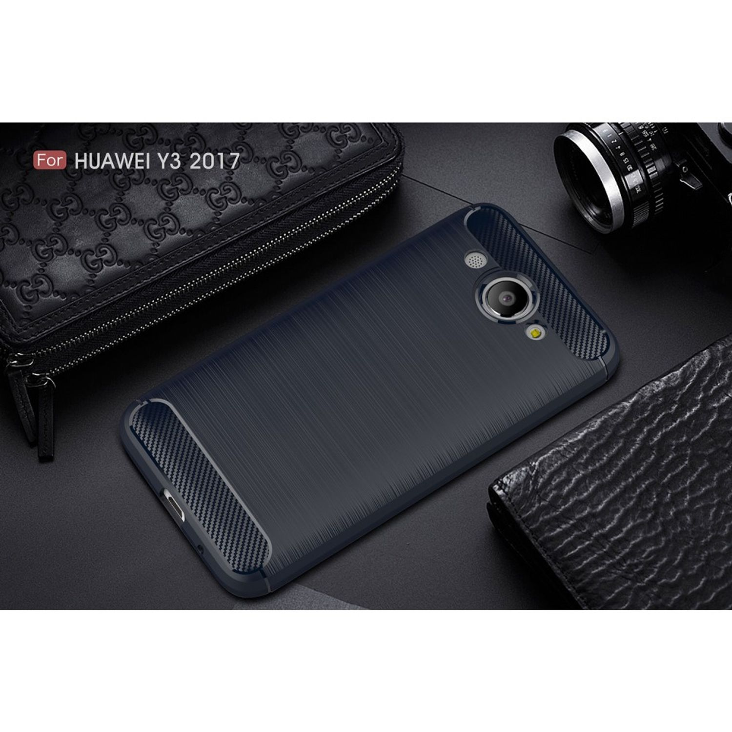 Dunkelblaue Handyhülle mit strukturiertem Muster. Es steht 'For HUAWEI Y3 2017'.