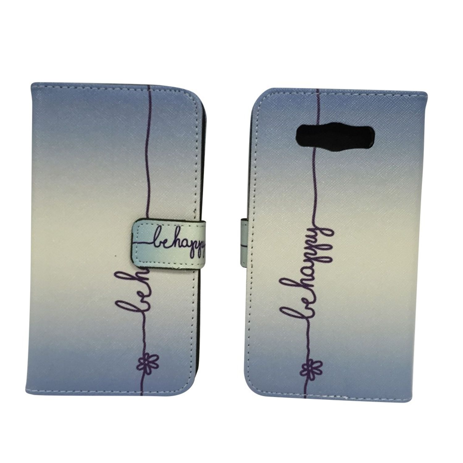 Zwei Handyhüllen, geschlossen und offen, mit blauem Farbverlauf und dem Schriftzug 'be happy'.