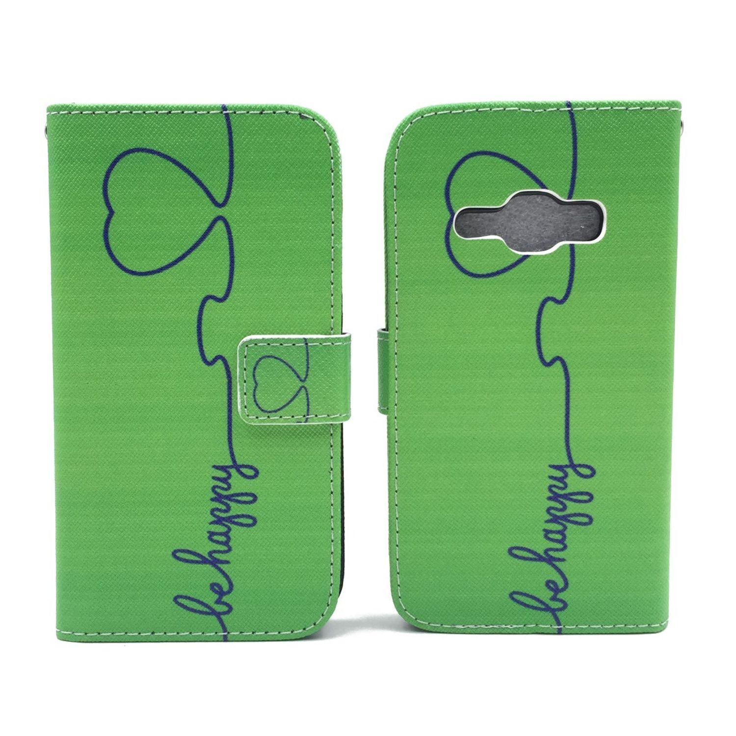 Eine grüne Handyhülle mit den Worten 'be happy' und einem Herzdesign, offen.