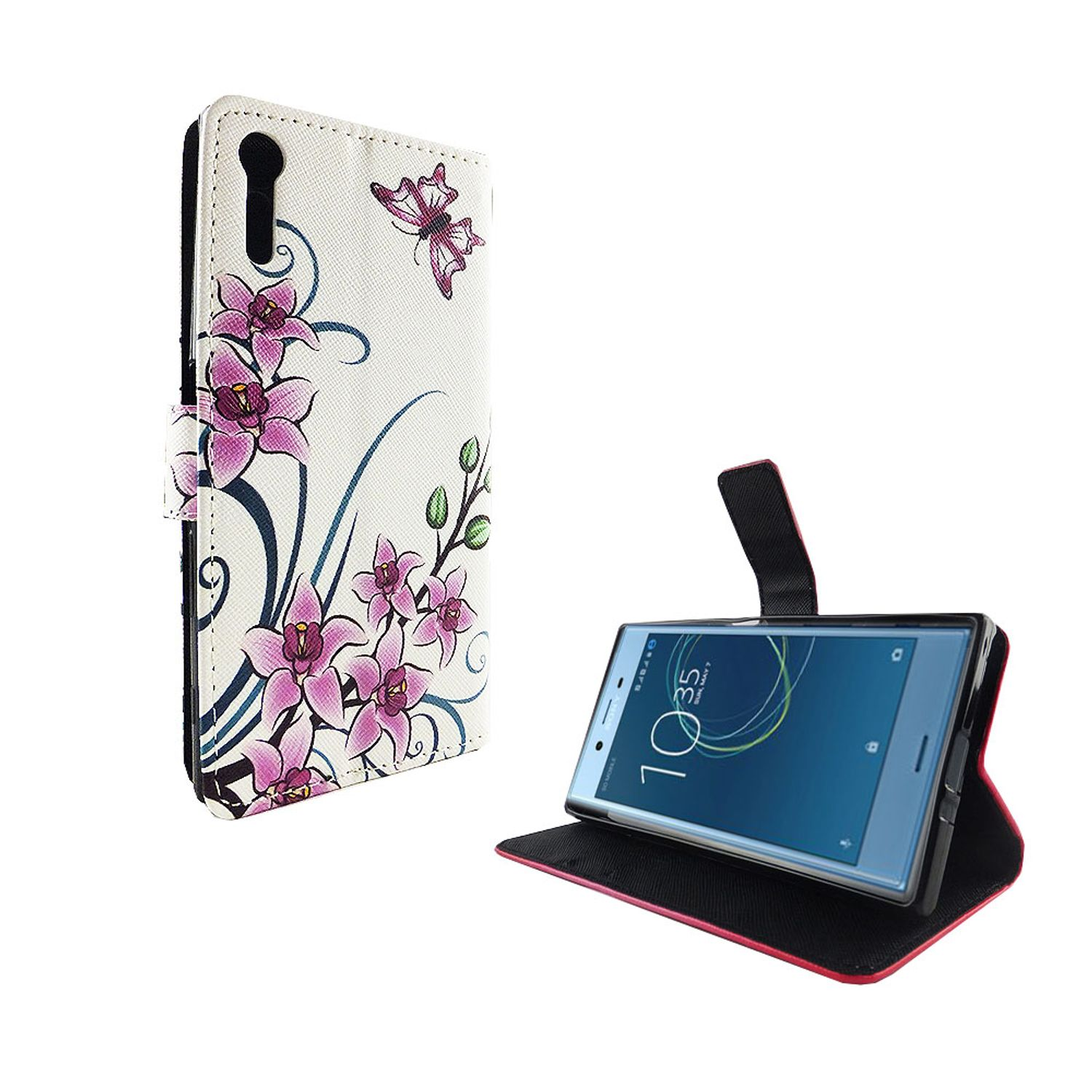 Handyhülle mit Blumendesign und Telefon im Inneren, auf weißem Hintergrund. Das Telefon zeigt die Uhrzeit.