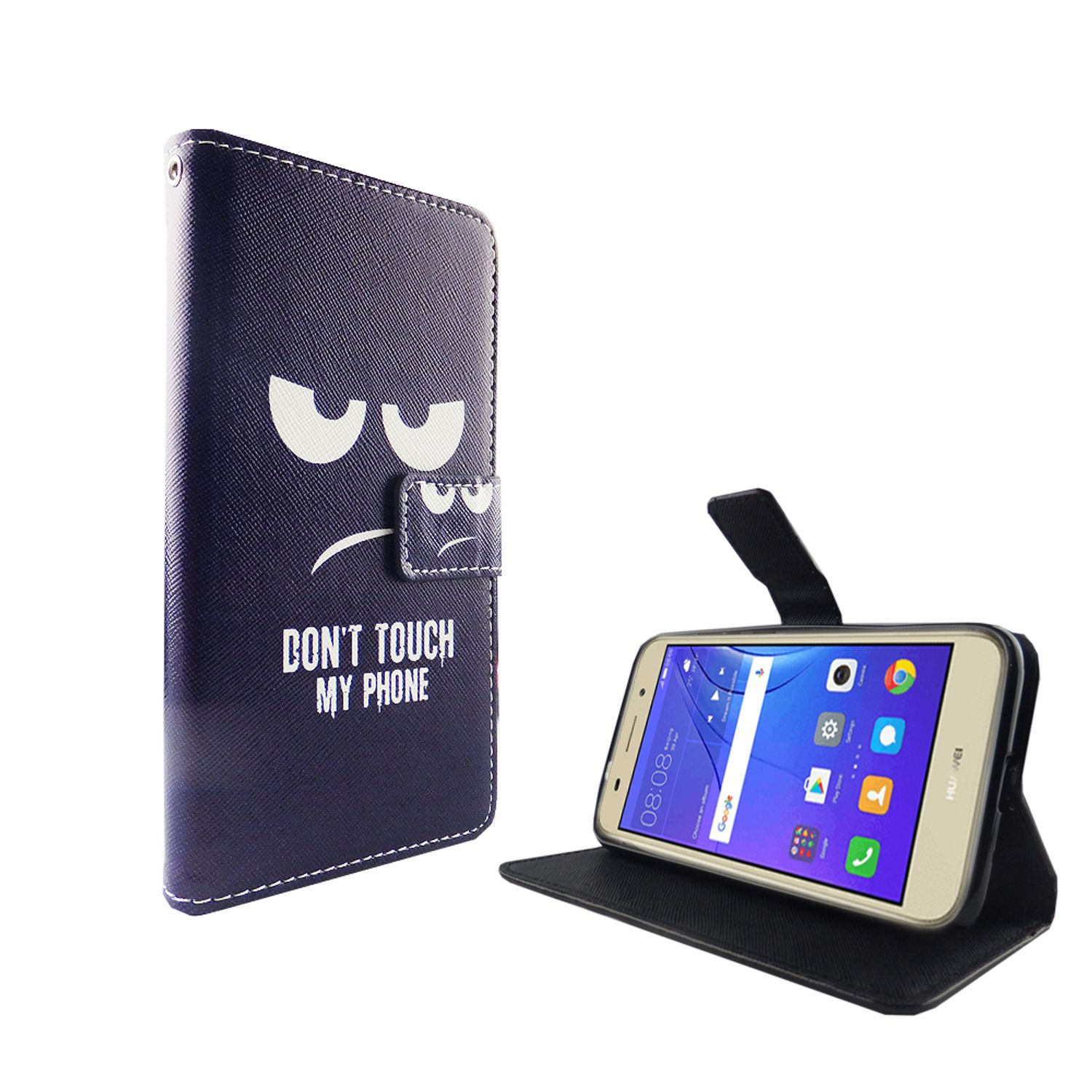 Handyhülle mit wütendem Gesicht und dem Text 'DON'T TOUCH MY PHONE'. Ein Telefon wird offen angezeigt.