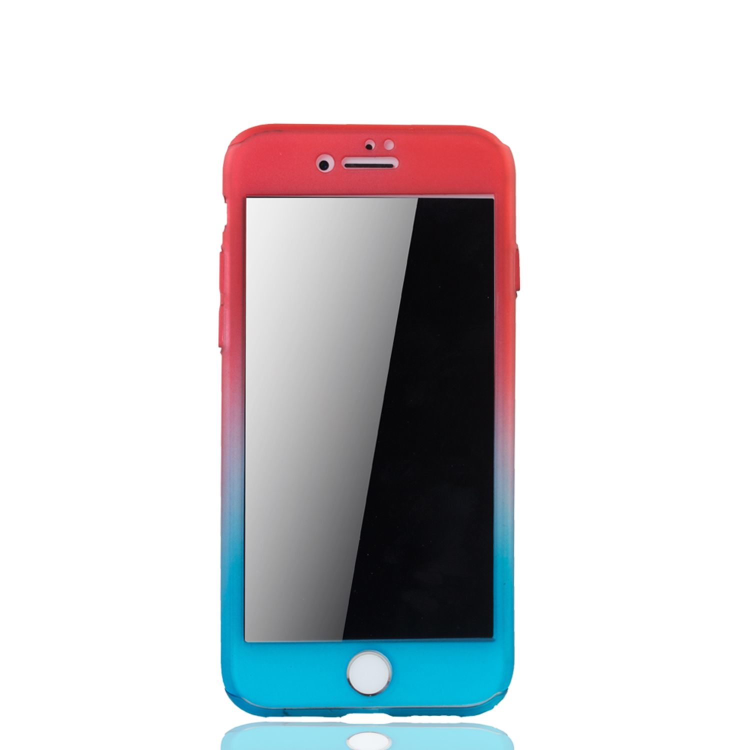 Ein Telefon mit roter und blauer Farbverlaufshülle. Der Bildschirm ist leer.