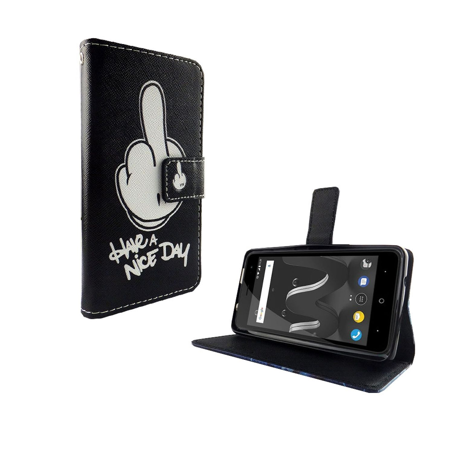 Schwarze Handyhülle mit einem Mittelfinger-Motiv und den Worten "Have a nice day".