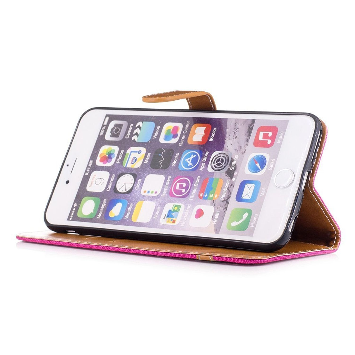 Telefon in pink-brauner Brieftasche, weißer Hintergrund zeigt Symbole auf dem Bildschirm.