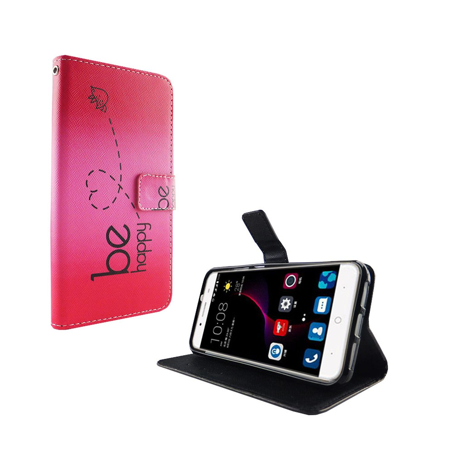Rot-rosa Handyhülle mit "be happy" und Telefon.