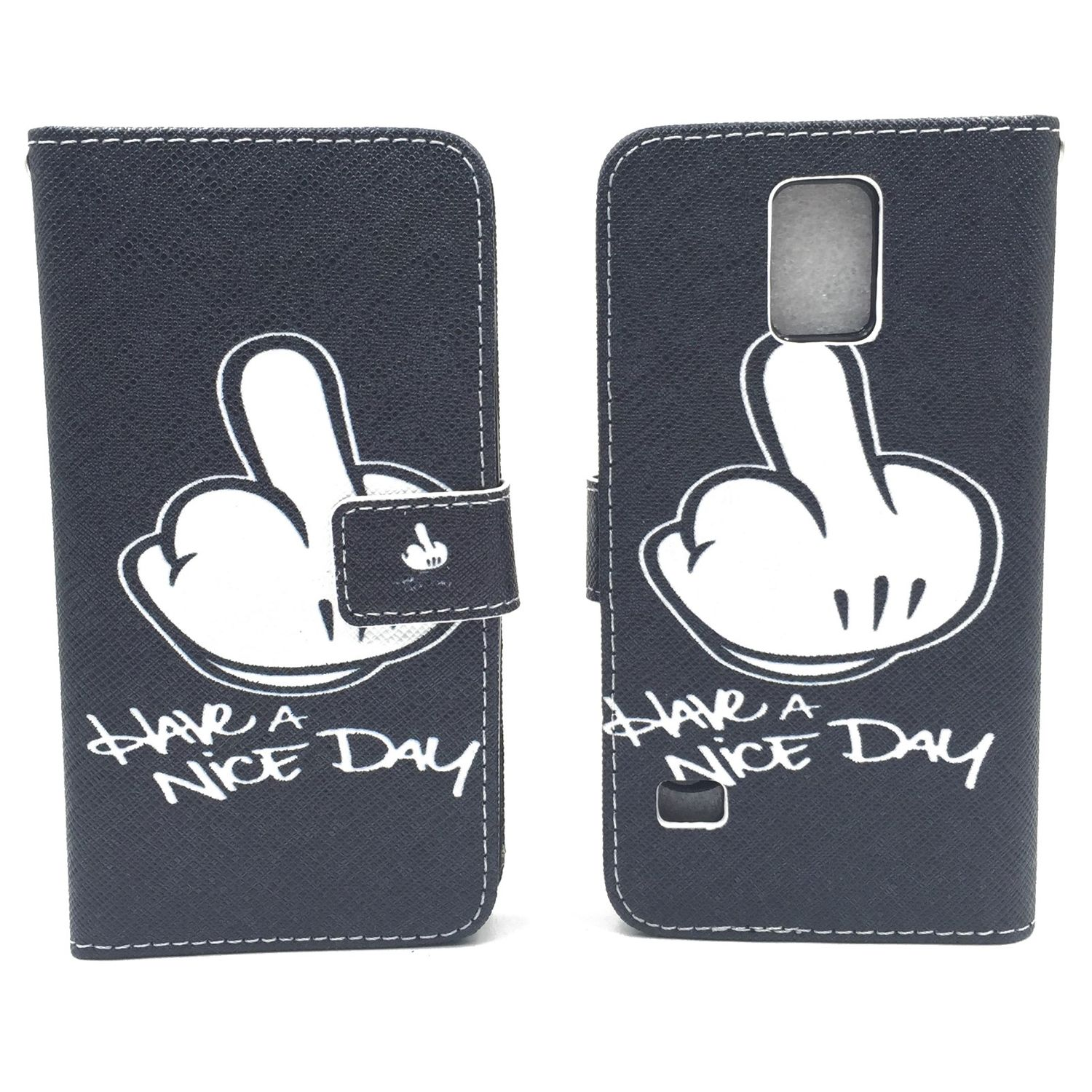 Schwarze Handyhülle mit Mittelfinger-Grafik und den Worten 'Have a nice day'.