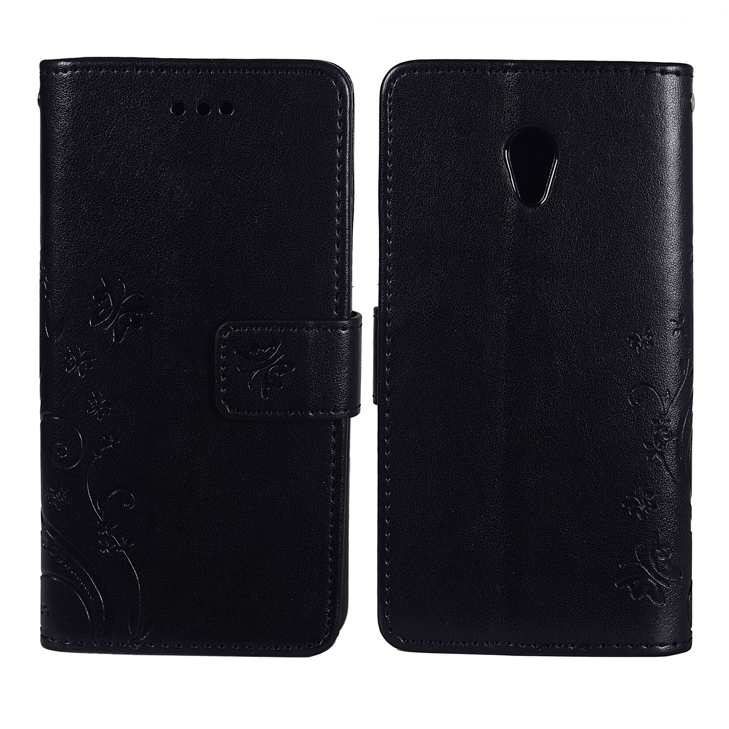 Schwarze Telefonhülle, offen, mit Blumendesign und Verschluss. Die rechte Seite hat ein Blumendesign.