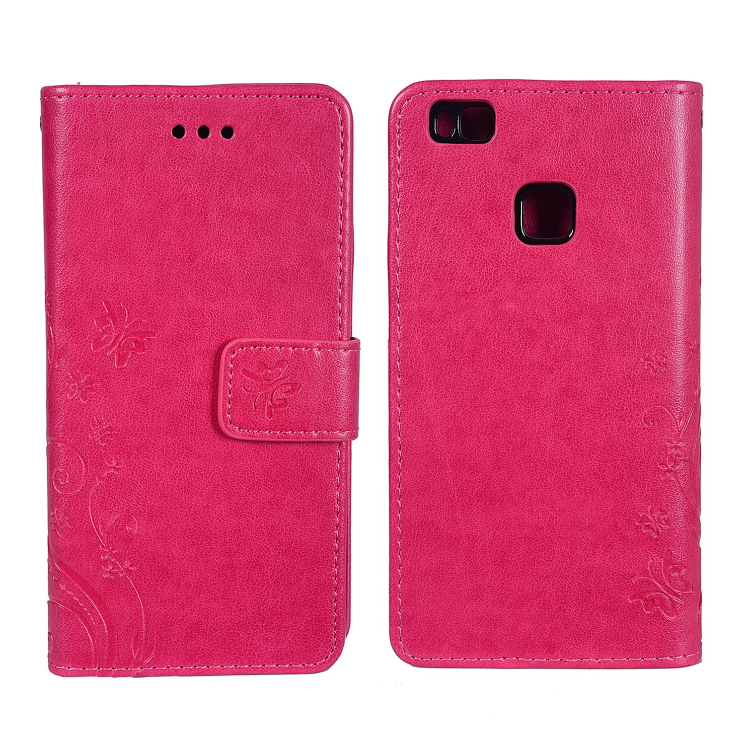 Geöffnete rosa Handyhülle mit floralem Design. Es liegt auf einer weißen Oberfläche.