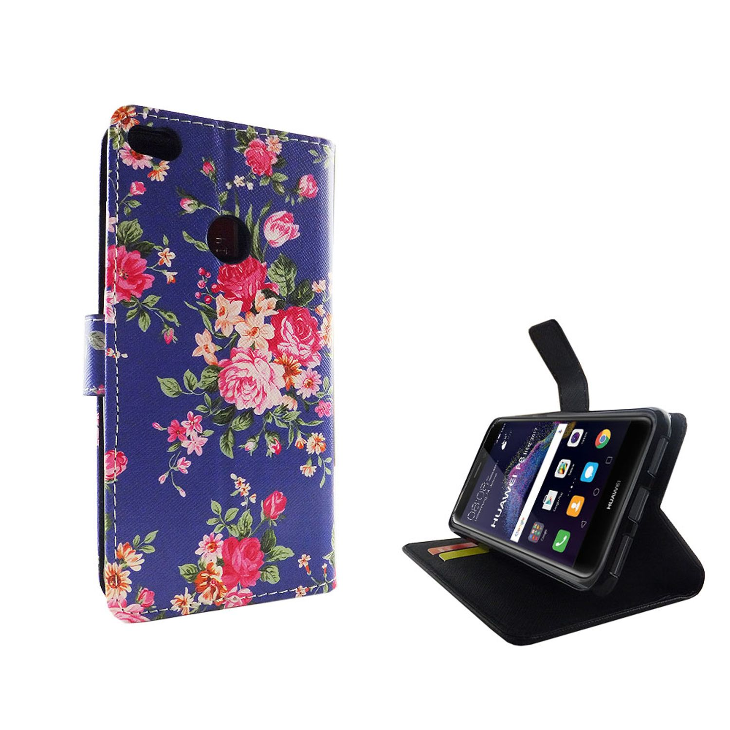 Ein Telefon mit einer floralen Hülle. Die Hülle ist blau mit rosa und weißen Blumen. Das Telefon ist offen.