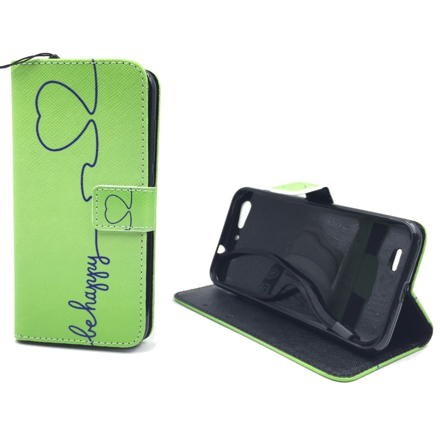 Grüne Handyhülle mit Herzdesign und dem Wortlaut 'be happy'. Ein Telefon befindet sich im Etui.