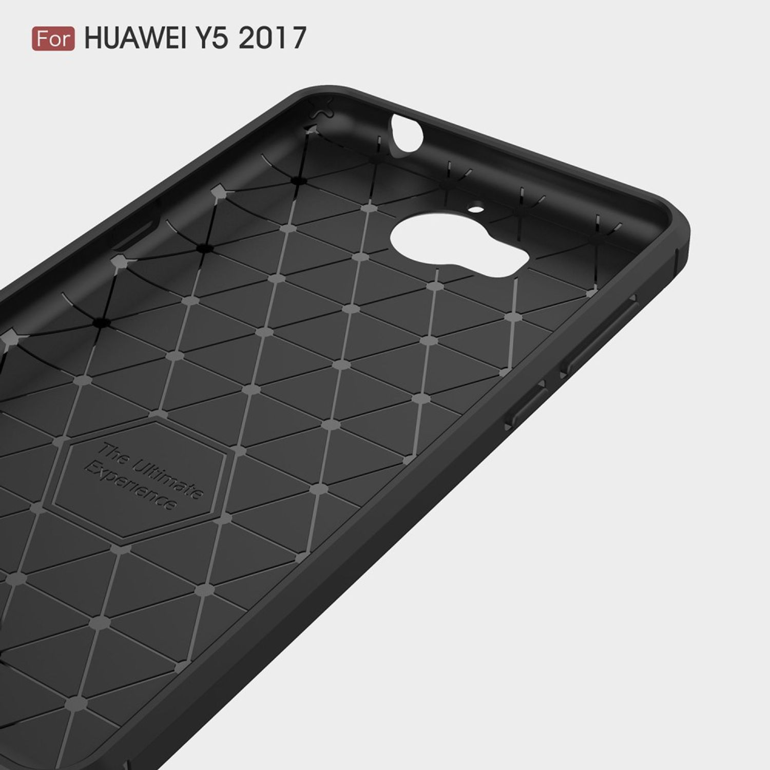 Schwarze Handyhülle mit strukturiertem Design, mit den Worten 'The Ultimate Experience'. Weißer Hintergrund.