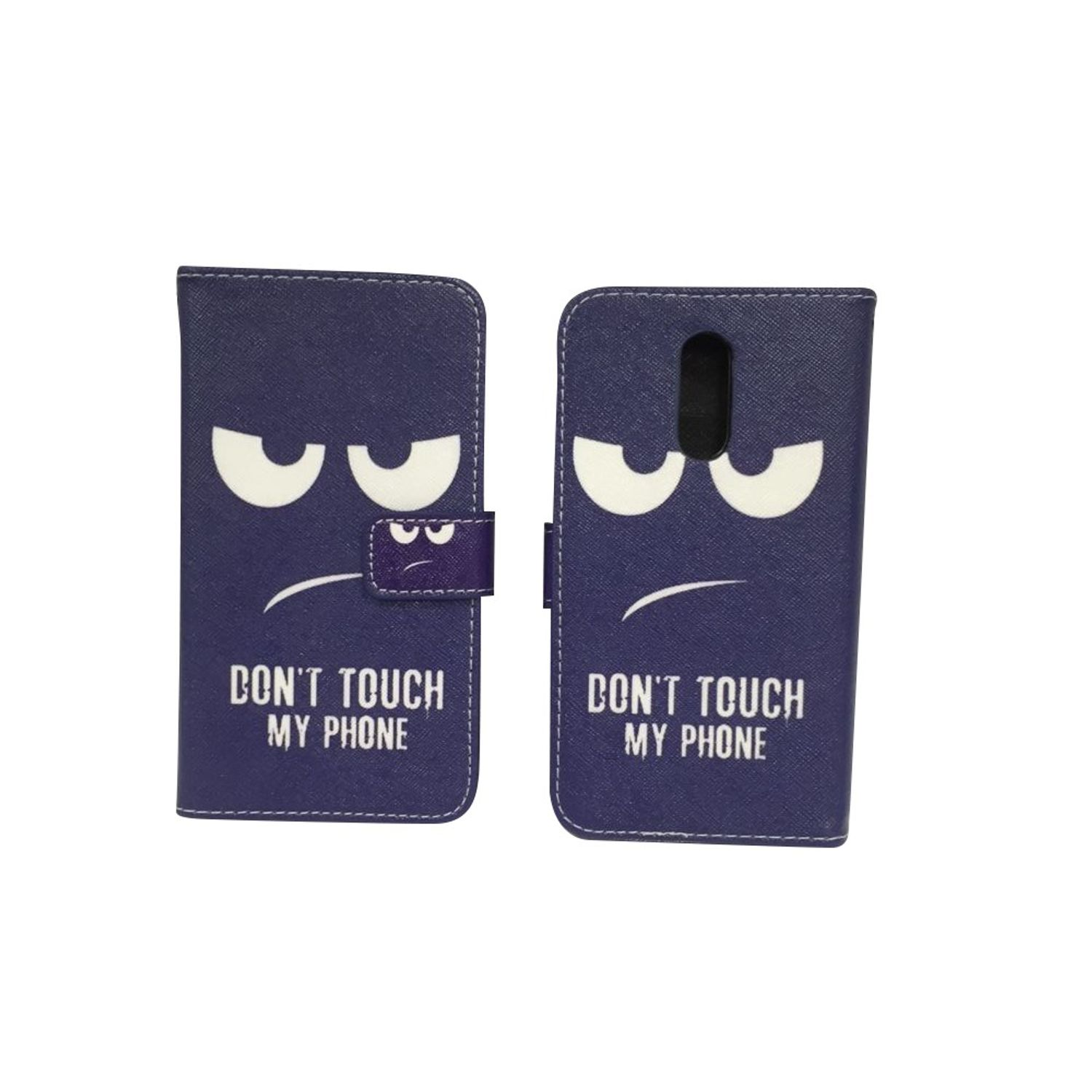 Lila Handyhülle mit wütendem Gesicht und Text "DON'T TOUCH MY PHONE". Weißer Hintergrund.
