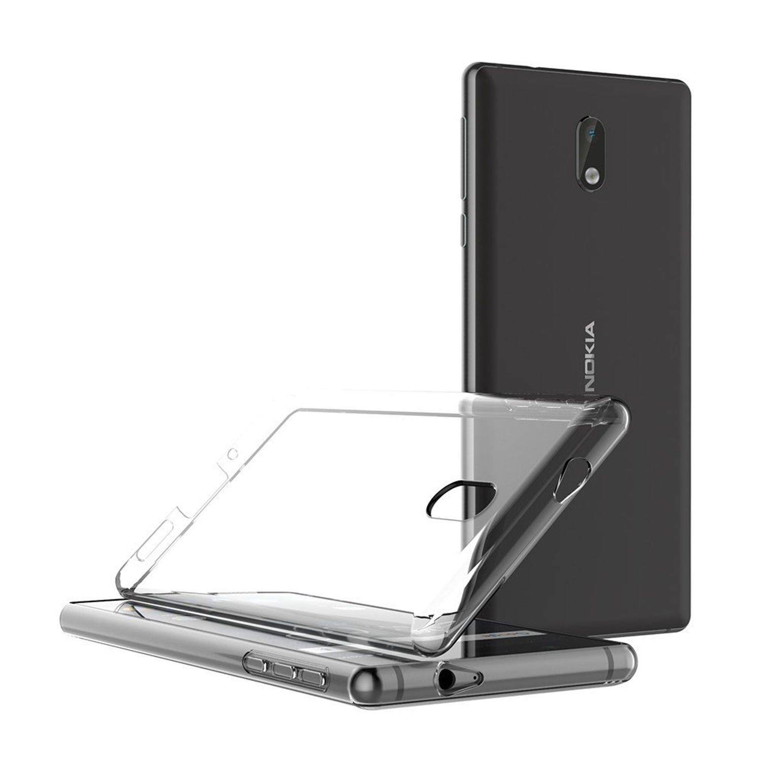 Zwei Telefone: schwarzes Nokia, transparente Handyhülle. Hülle liegt über einem liegenden Telefon. Weißer Hintergrund.