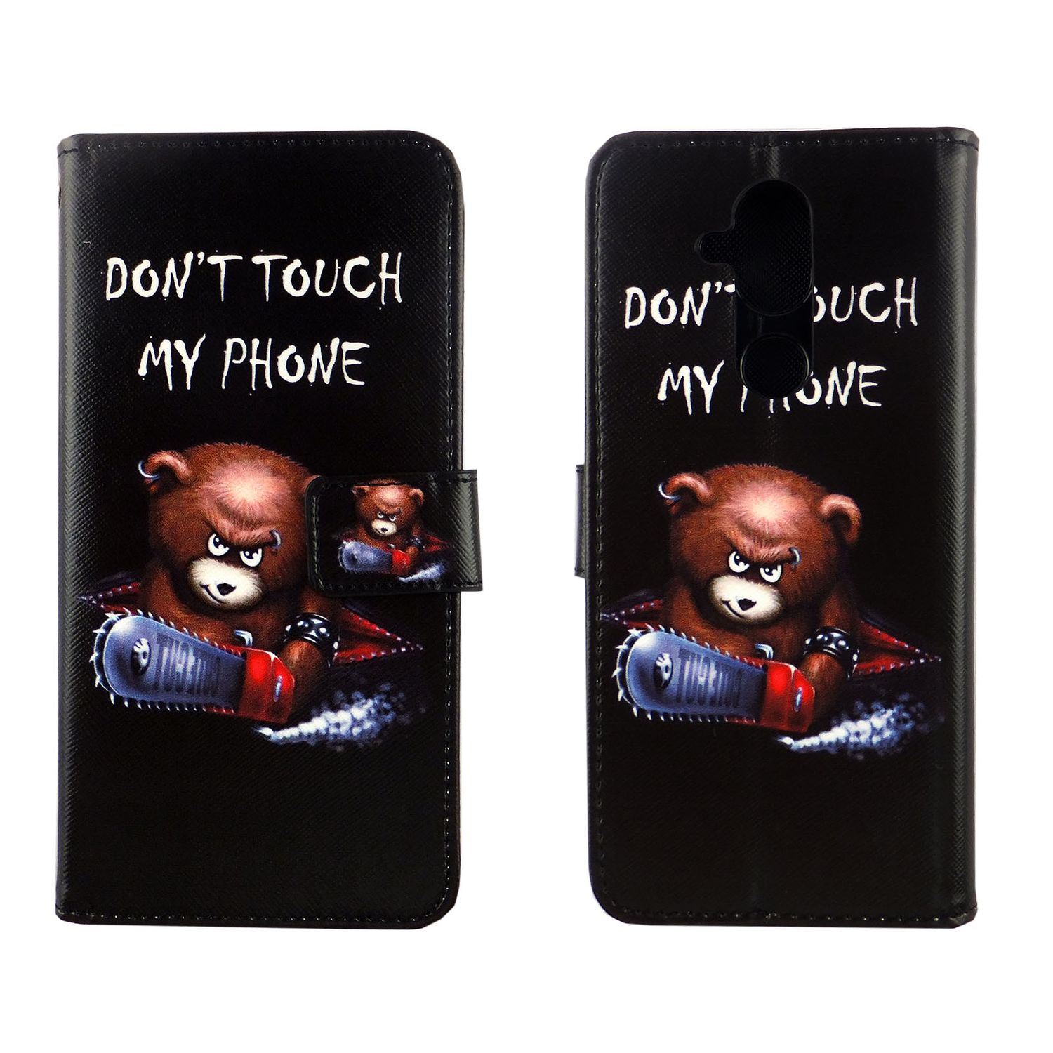 Eine schwarze Handyhülle mit einem Bären, der eine Kettensäge hält, der Text lautet "DON'T TOUCH MY PHONE".