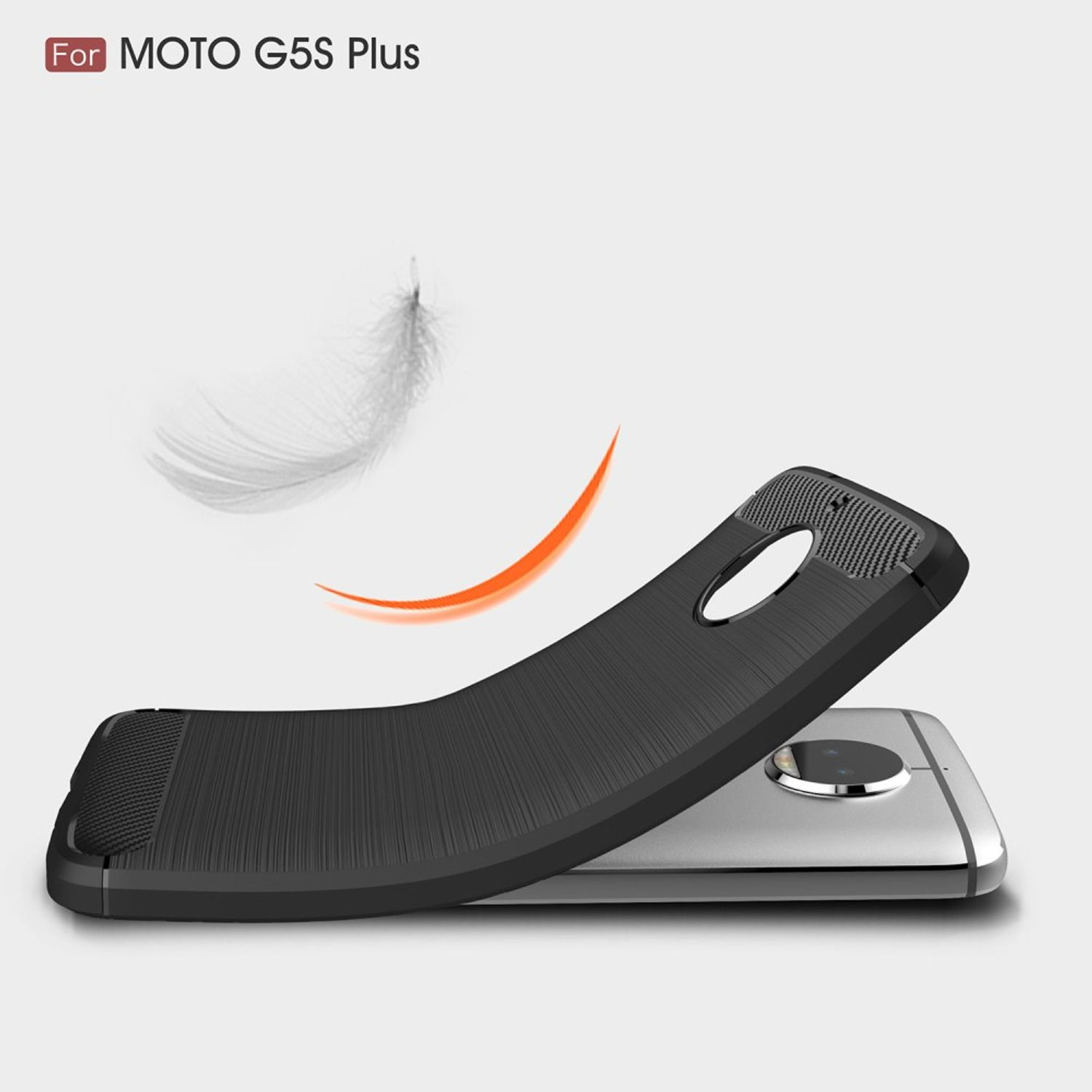 Handyhülle und Telefon. Die Hülle ist schwarz und das Telefon ist silber. Der Text lautet Moto G5S Plus.
