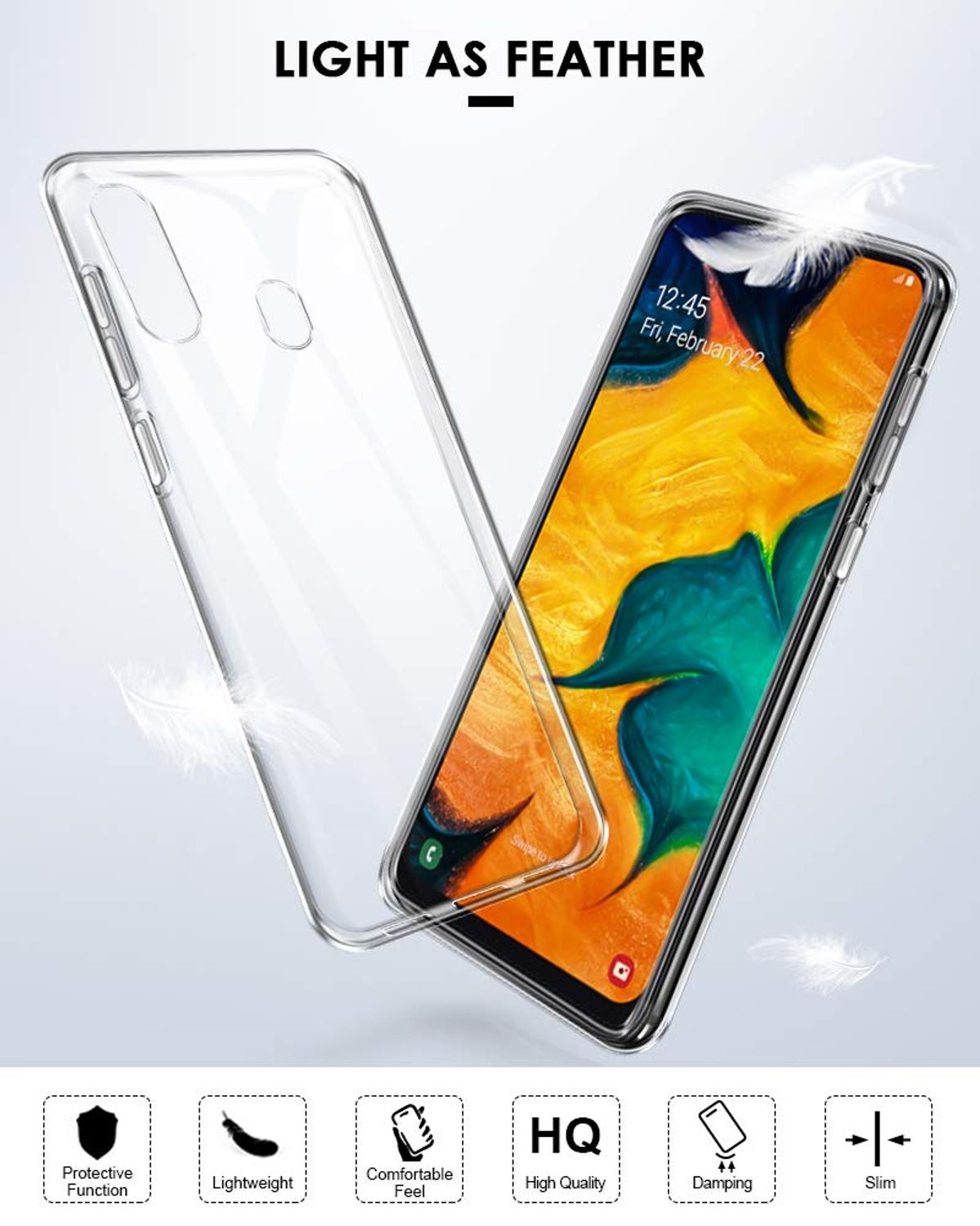 Eine transparente Handyhülle neben einem Handy, mit dem Text 'LIGHT AS FEATHER' und Symbolen.