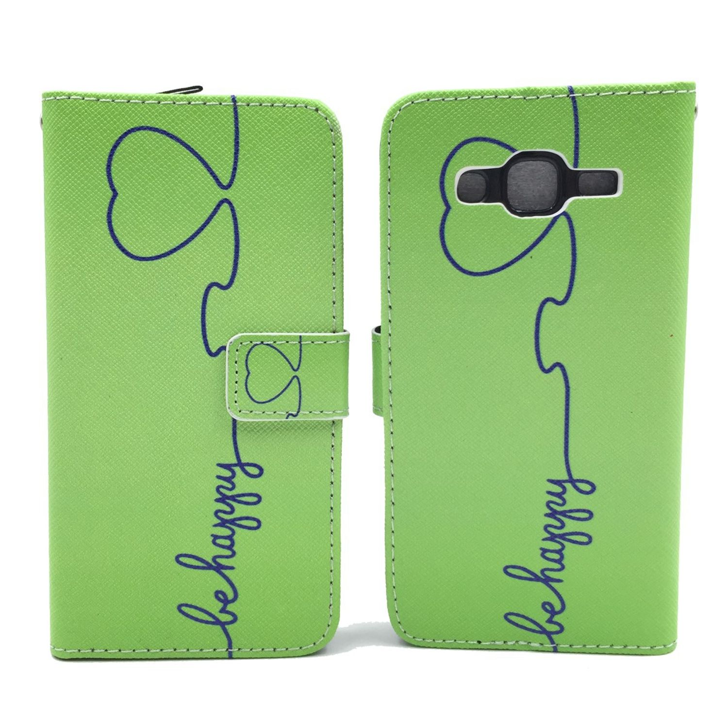Geöffnete grüne Handyhülle mit 'be happy'-Text und Herzdesign. Weißer Hintergrund.